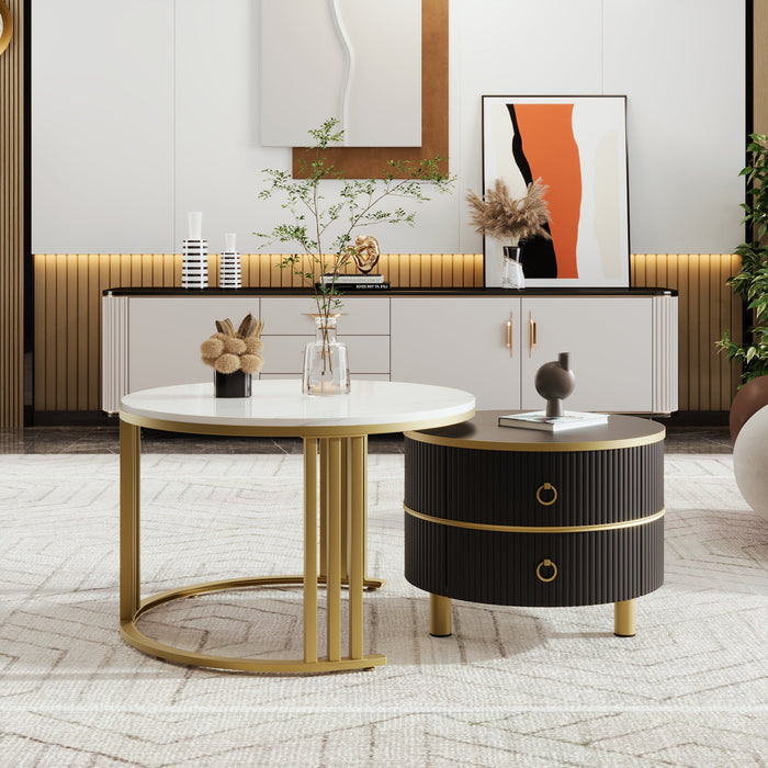 2-in-1 Round Coffee Table Set with Side Table, 2 Drawers, White and Black