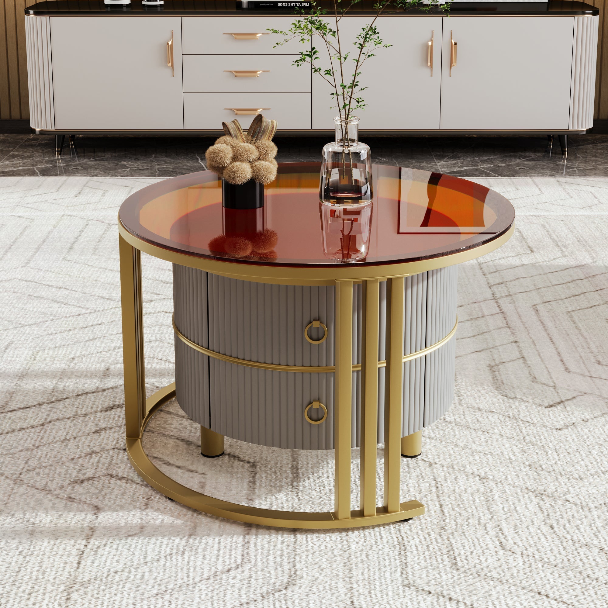 2-in-1 Round Coffee Table Set with High-Gloss Top, Tempered Glass Side Table, and 2 Drawers, Brown