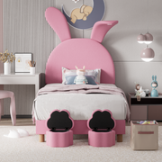 Upholstered Bed with Storage Stools, LED Lighting and Bunny Ears, Pink French Velvet