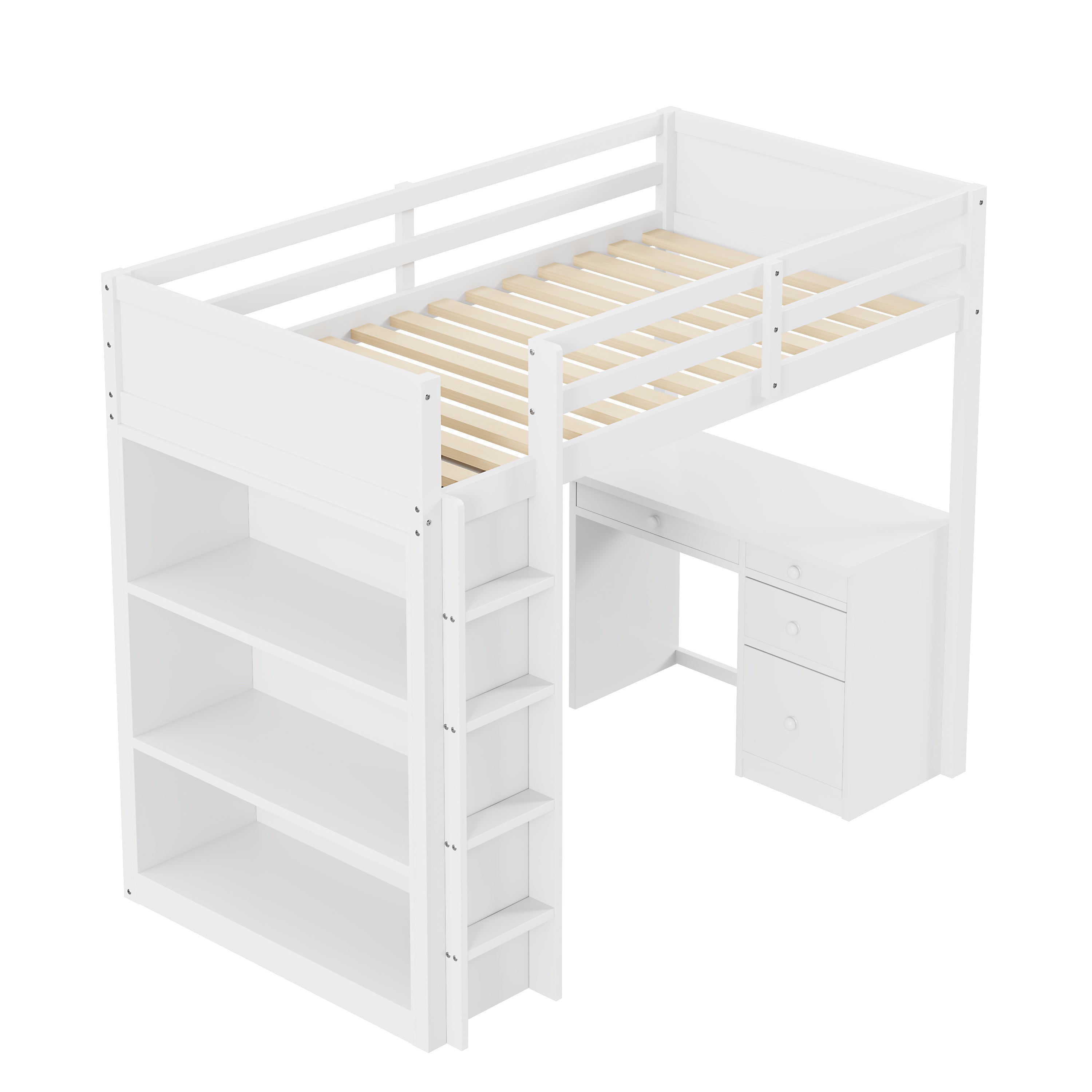 Loft Bed, 90x200 cm, Storage & Desk, Wood White