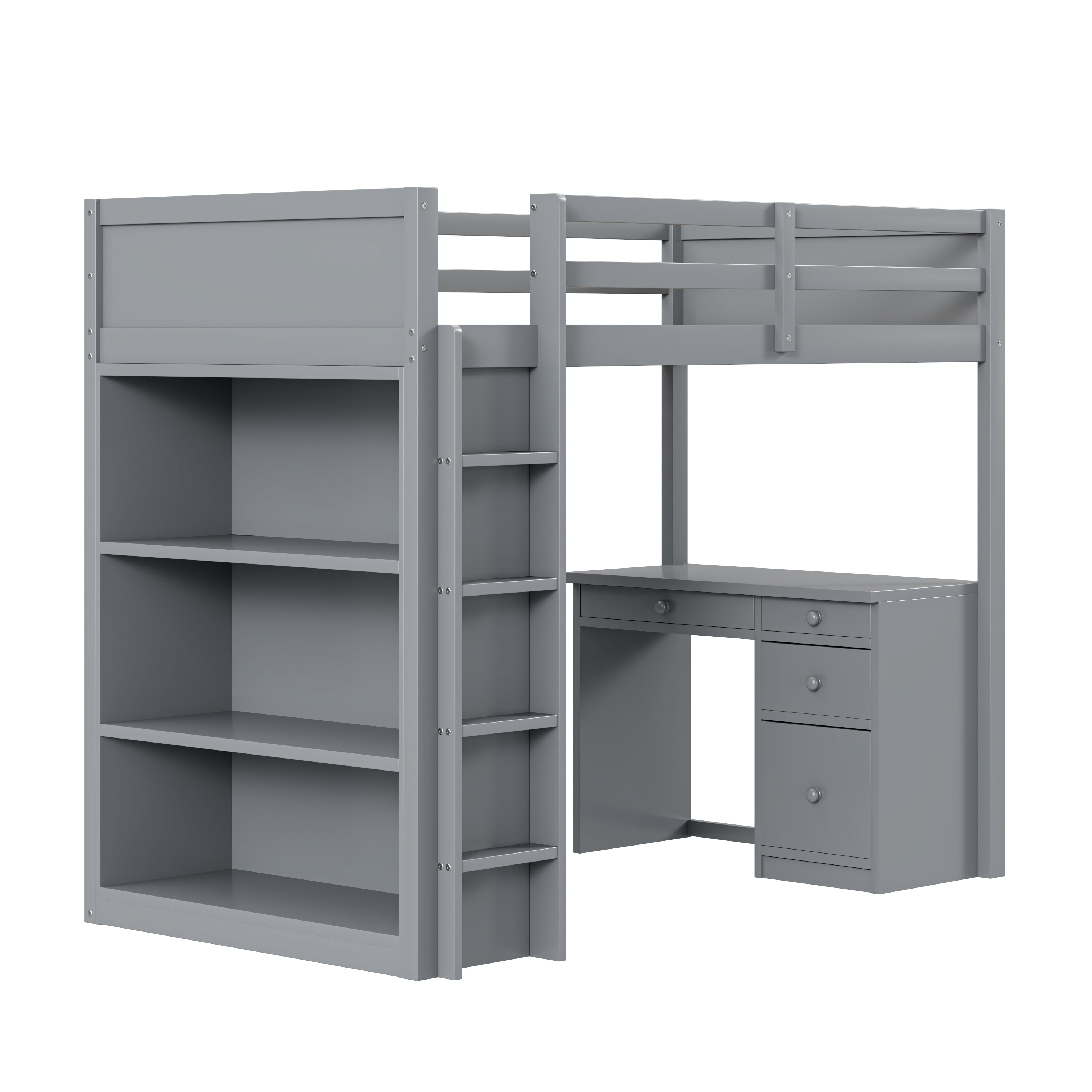 Loft Bed, 90x200cm with Storage & Desk, Wood Grey