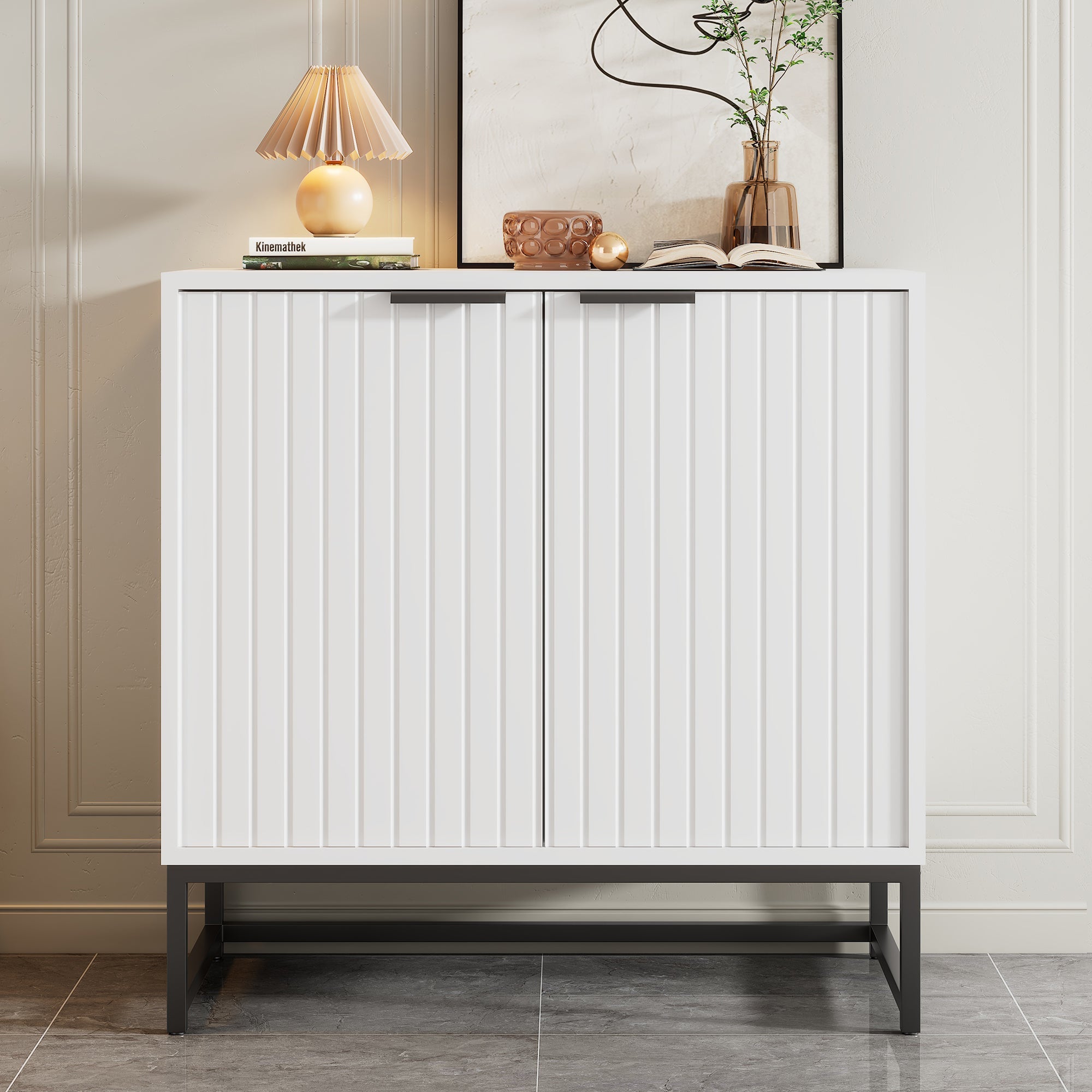 Modern sideboard chest of drawers with 2 doors, standing storage cabinet with metal handles and frame legs, vacuum forming