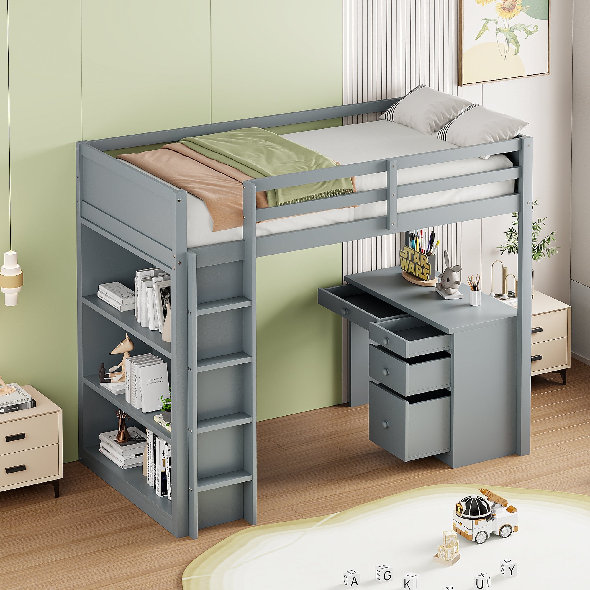 Loft Bed, 90x200cm with Storage & Desk, Wood Grey