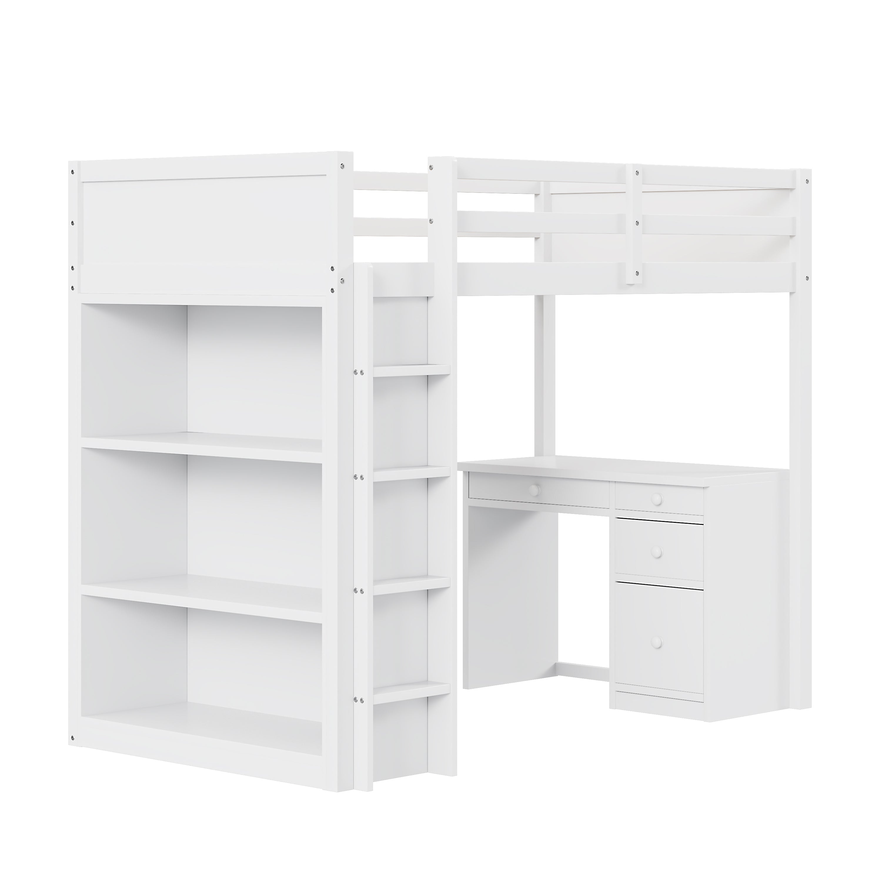 Loft Bed, 90x200 cm, Storage & Desk, Wood White