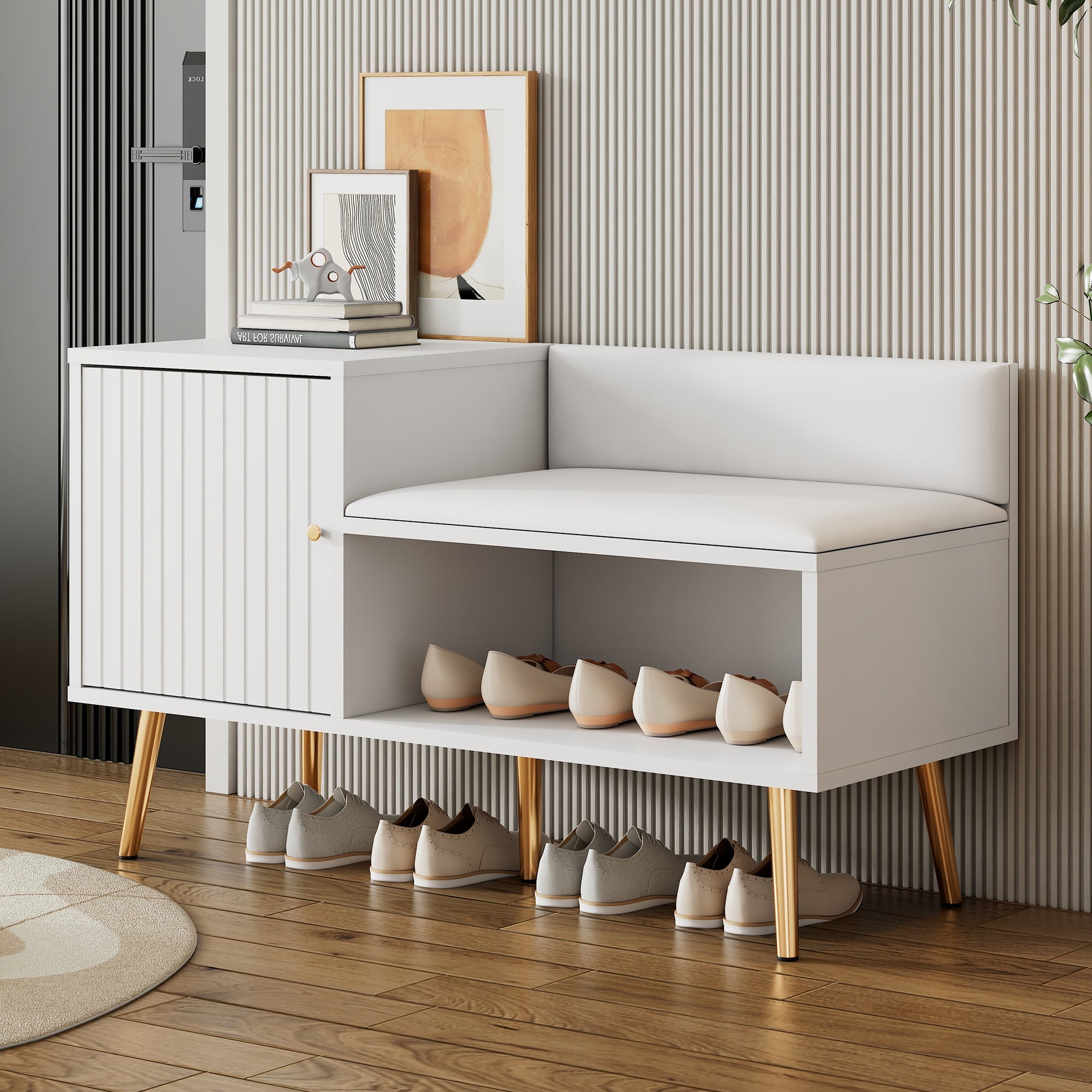 modern luxurious shoe chest with storage, upholstered bench, backrest, metal handles and legs, white