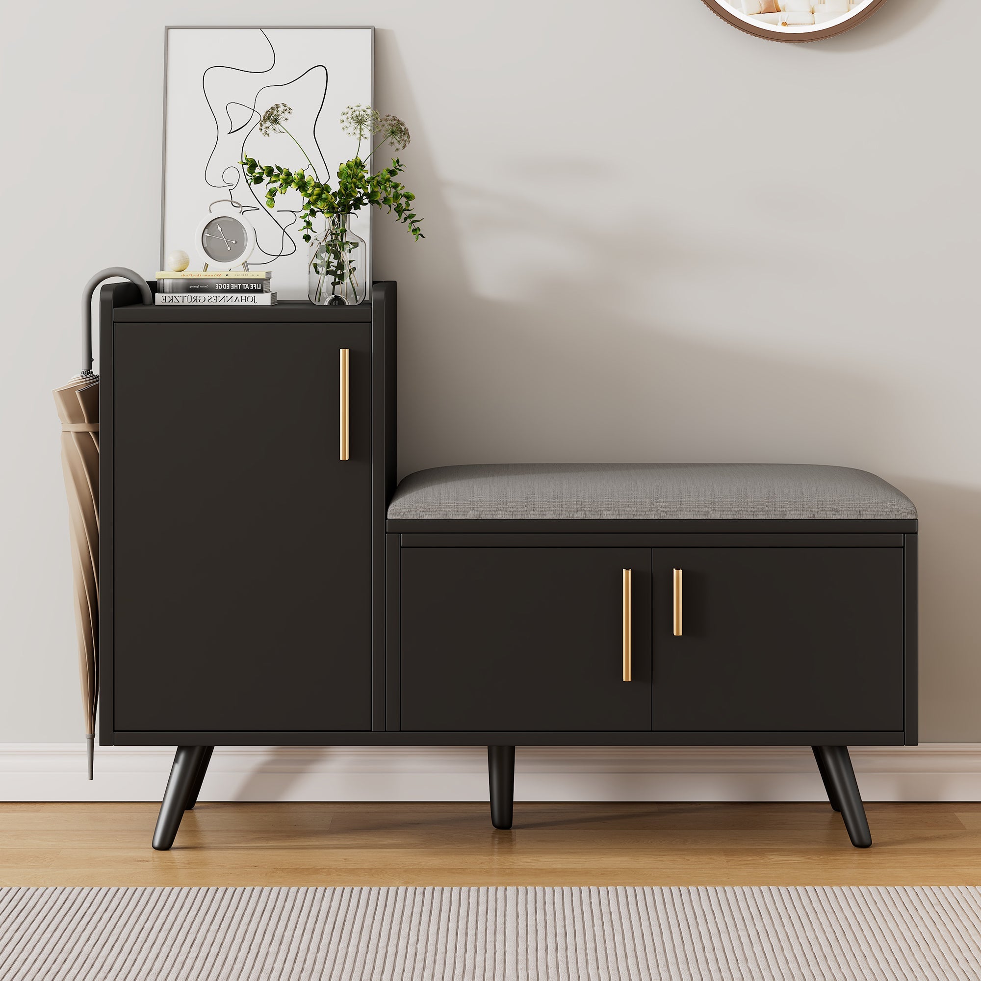 Modern shoe bench with three storage doors, multiple levels for storage