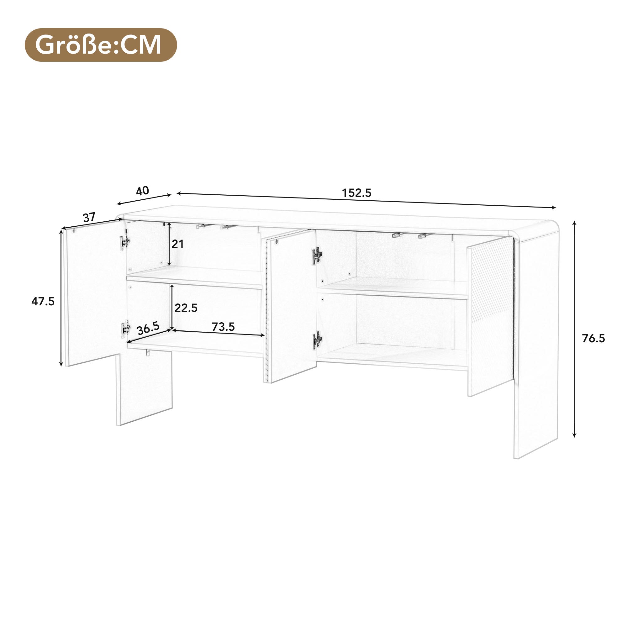 Minimalist Storage Sideboard with 4 Doors and Reclining Mechanism, White