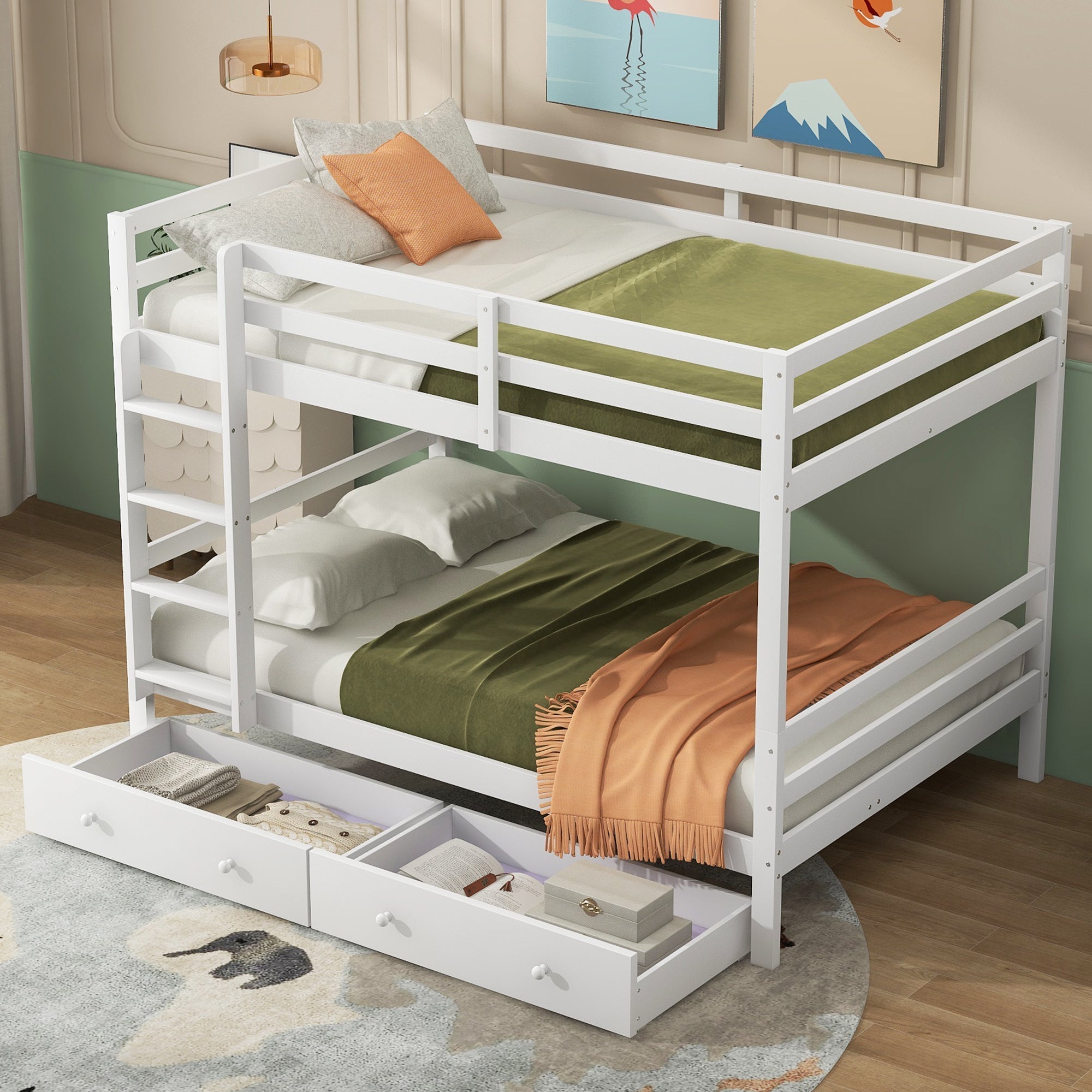 Bunk Bed 140x200cm with Drawers Storage & High Railings, White