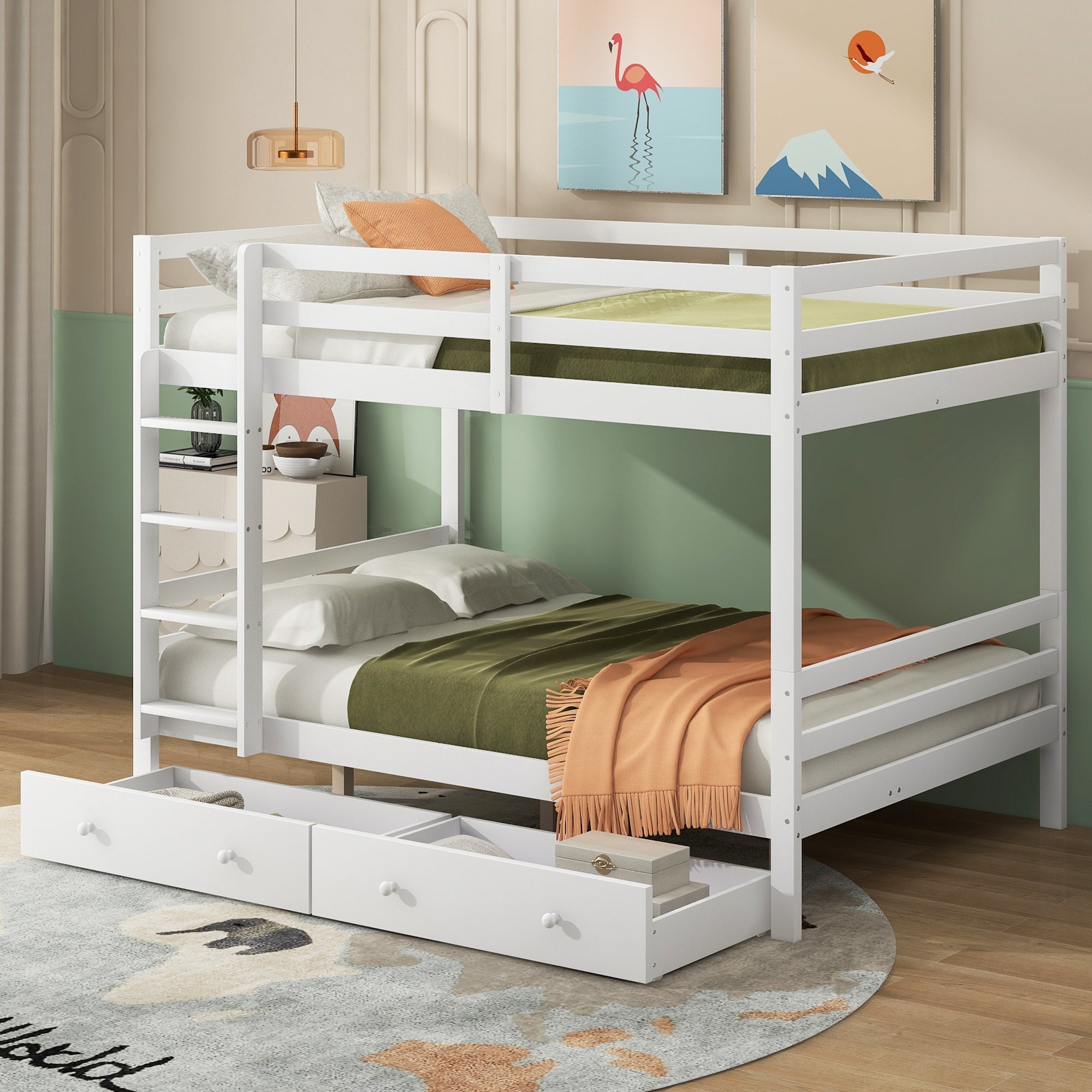Bunk Bed 140x200cm with Drawers Storage & High Railings, White