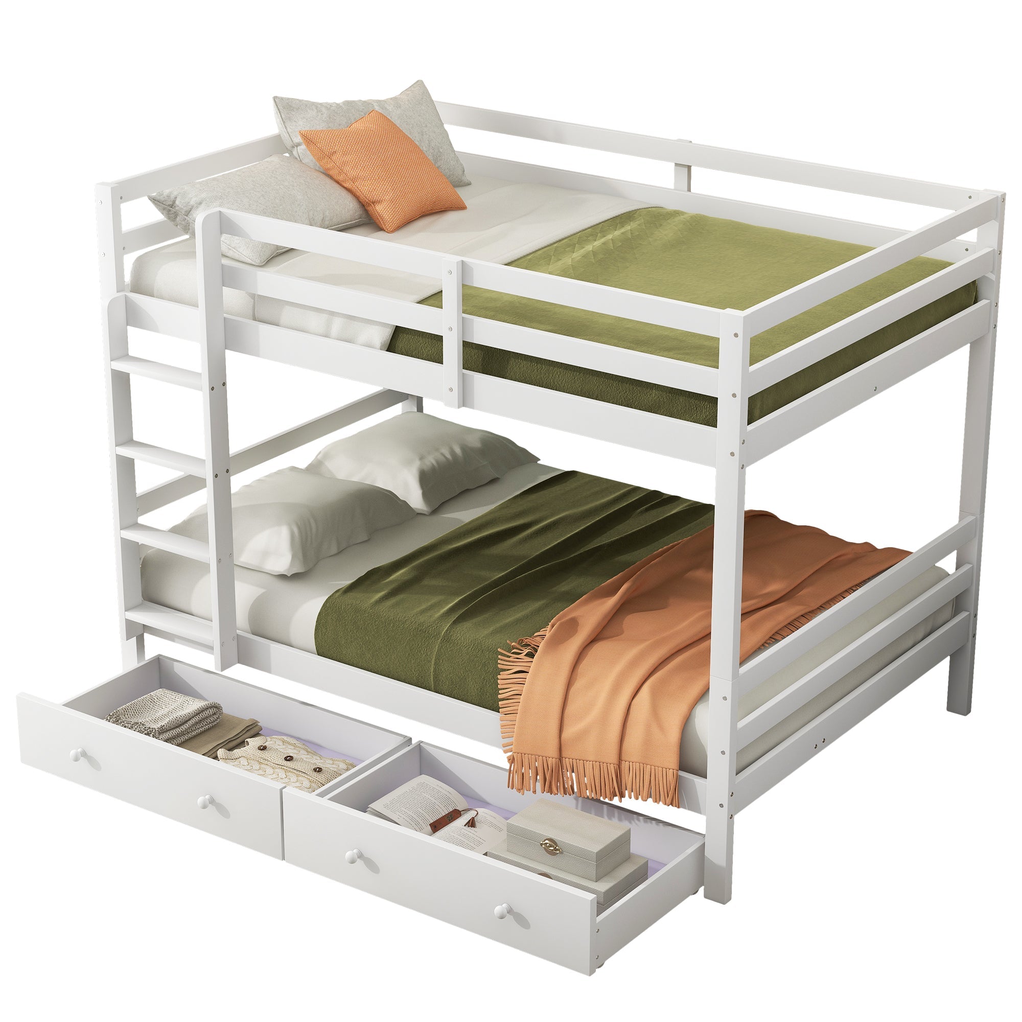 Bunk Bed 140x200cm with Drawers Storage & High Railings, White