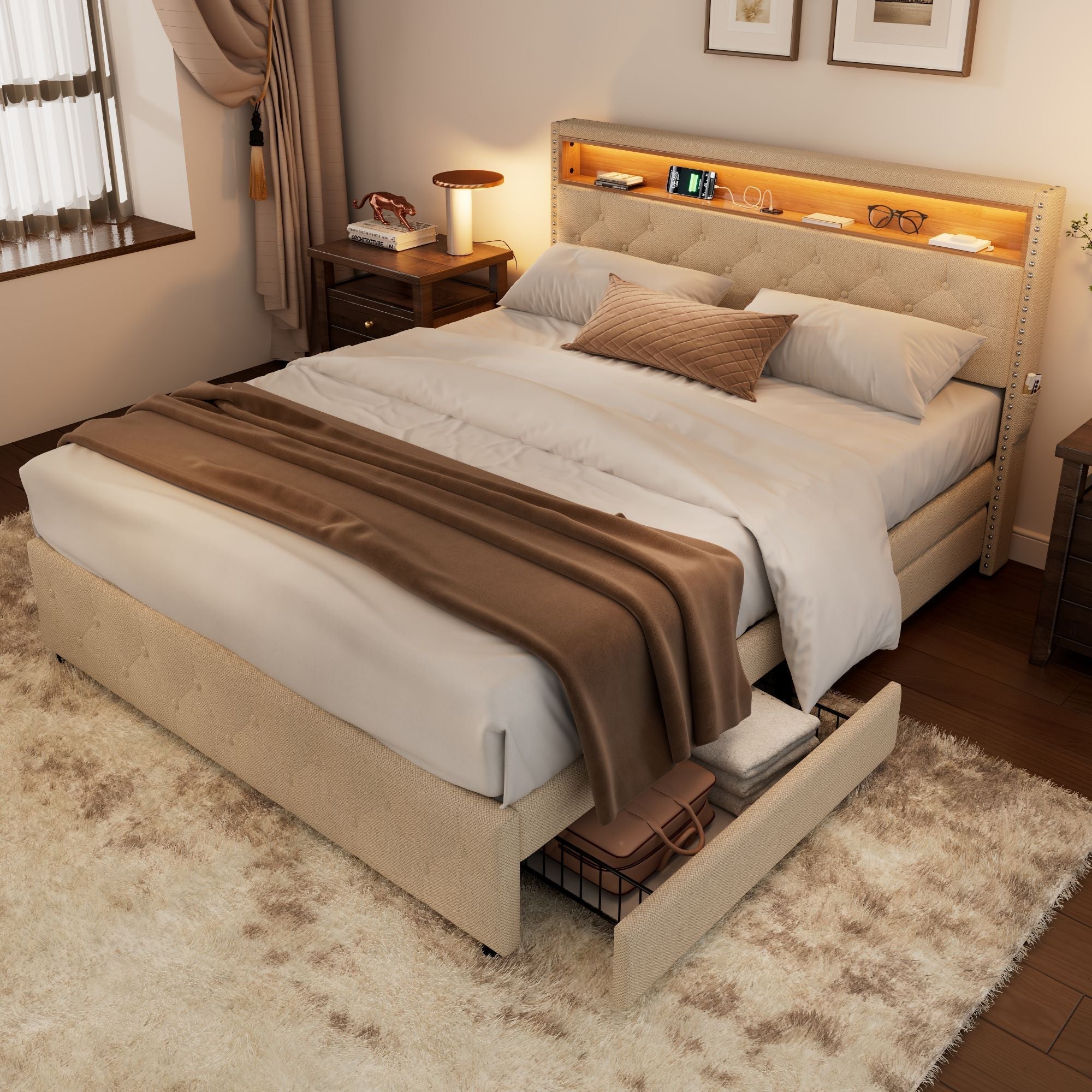 Upholstered Double Bed, LED Light, Four Storage Drawers, Linen Beige