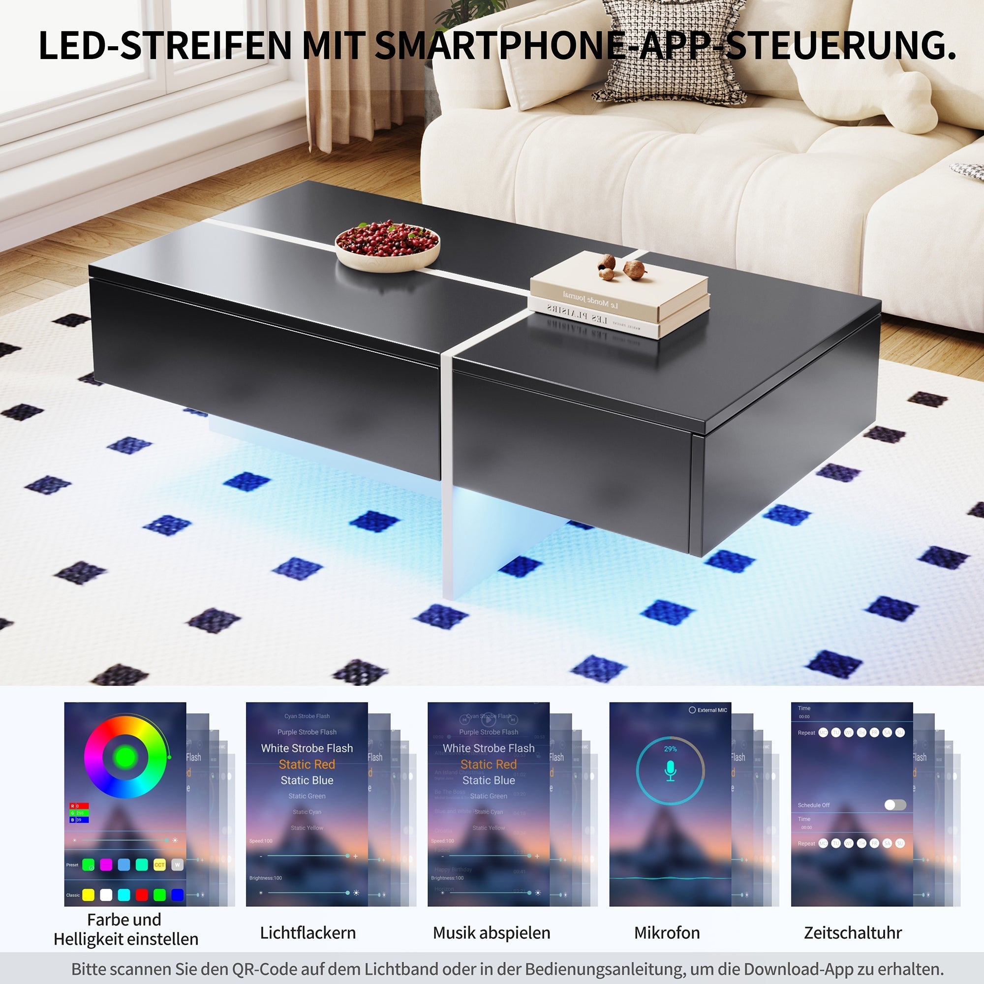 Coffee Table, High-Gloss Colorblock Structure, 100x50x34.5cm, Black and White