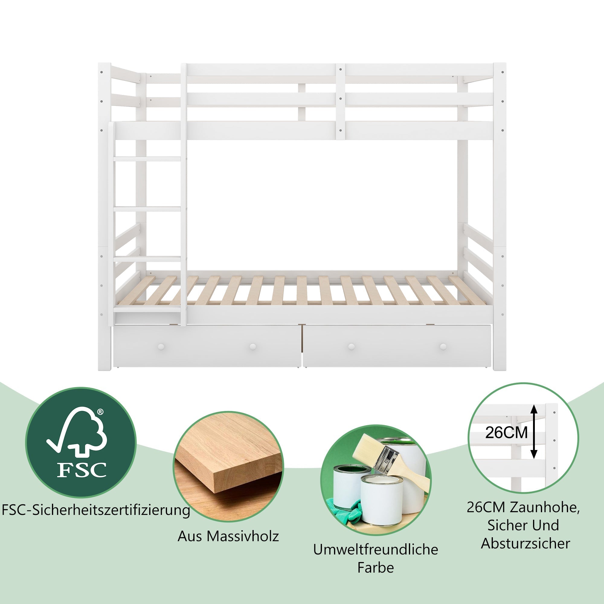 Bunk Bed 140x200cm with Drawers Storage & High Railings, White
