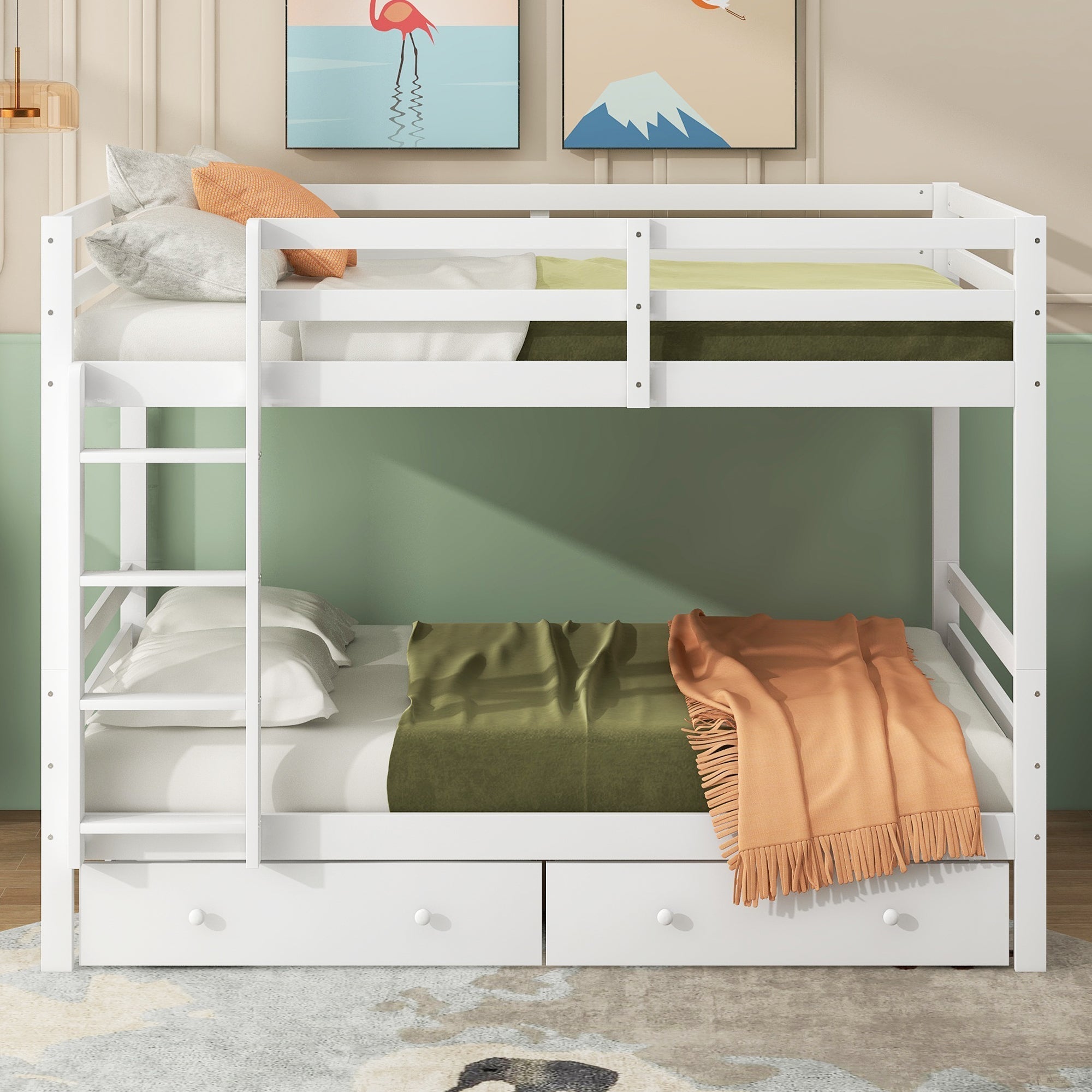 Bunk Bed 140x200cm with Drawers Storage & High Railings, White