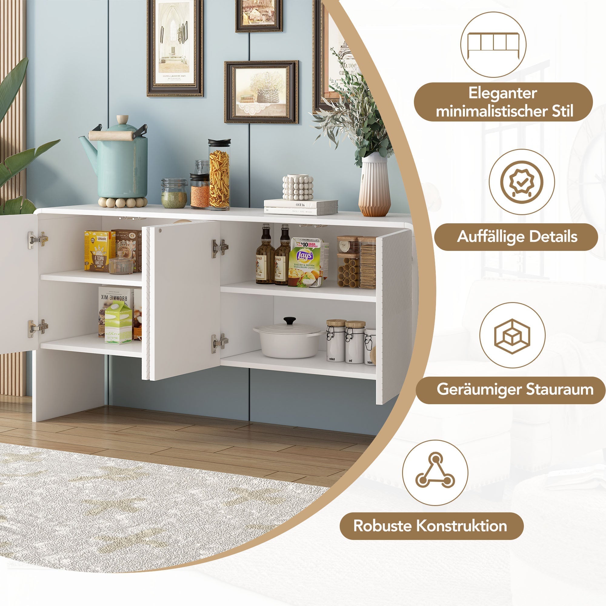 Minimalist Storage Sideboard with 4 Doors and Reclining Mechanism, White
