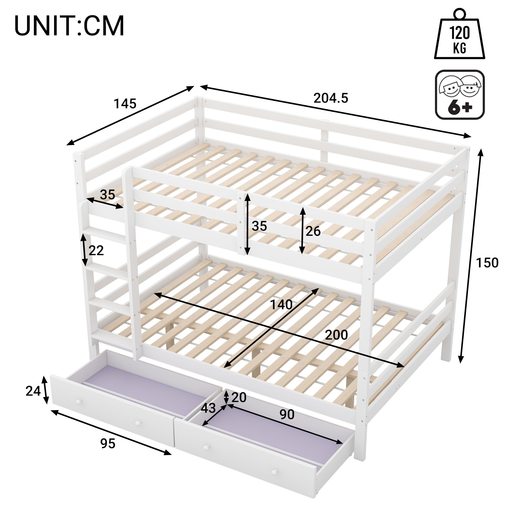 Bunk Bed 140x200cm with Drawers Storage & High Railings, White