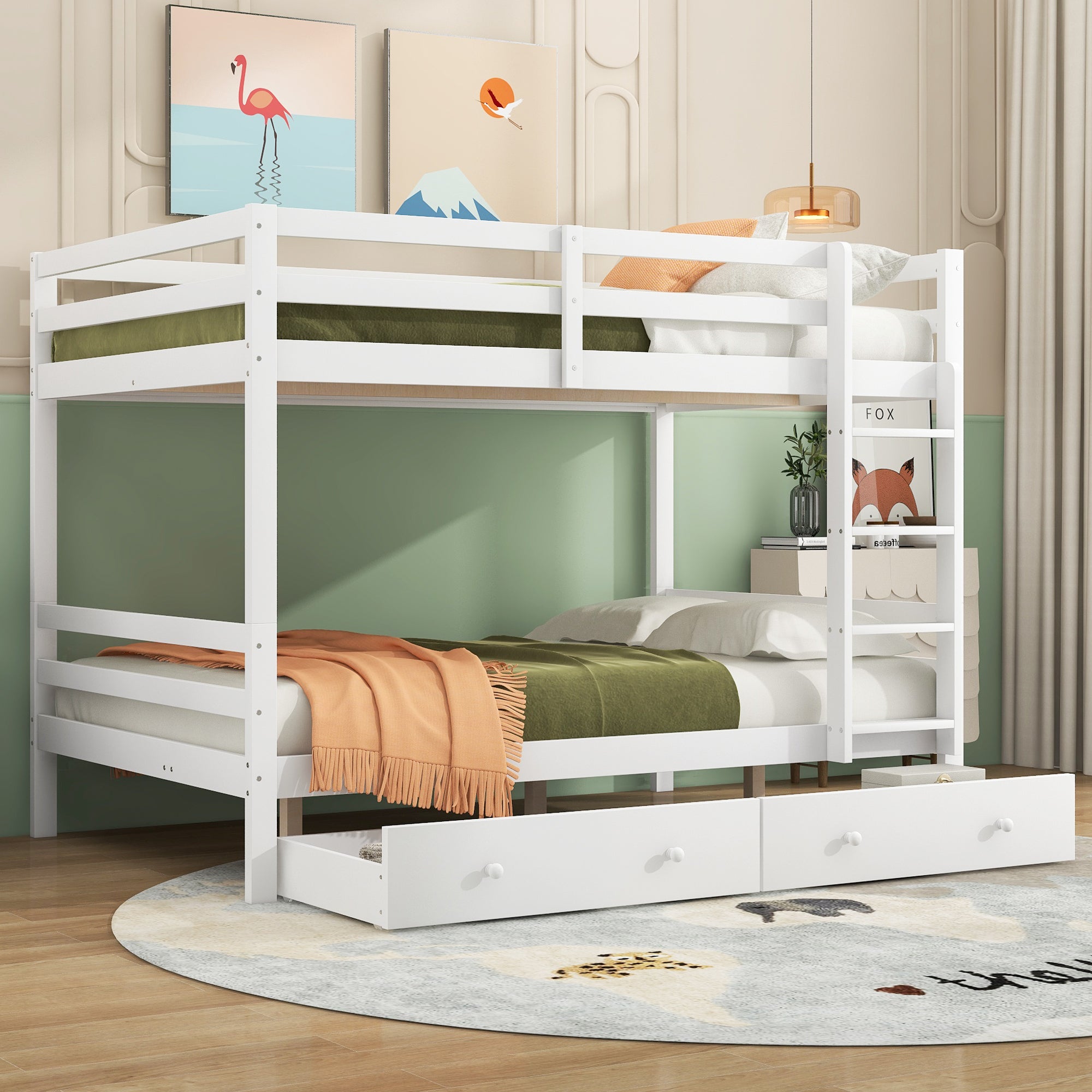 Bunk Bed 140x200cm with Drawers Storage & High Railings, White