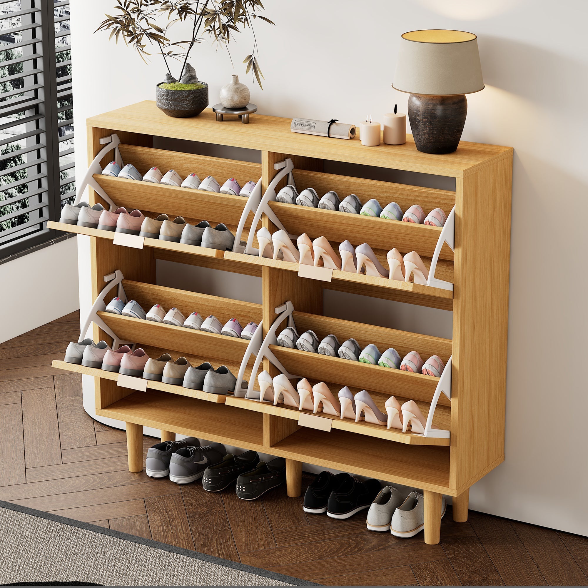 Shoe Cabinet with 4 Folding Drawers, Rattan and Wooden