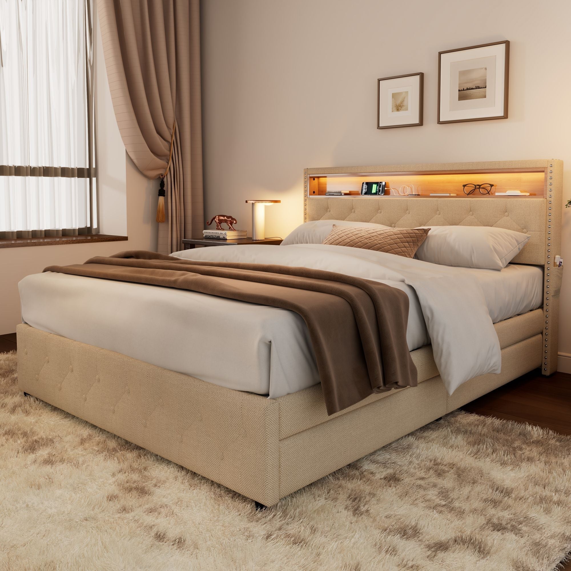 Upholstered Double Bed, LED Light, Four Storage Drawers, Linen Beige