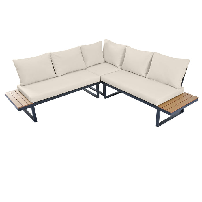 Outdoor Corner Lounge Sofa Set with Adjustable Backrest and Teak-Style Panels