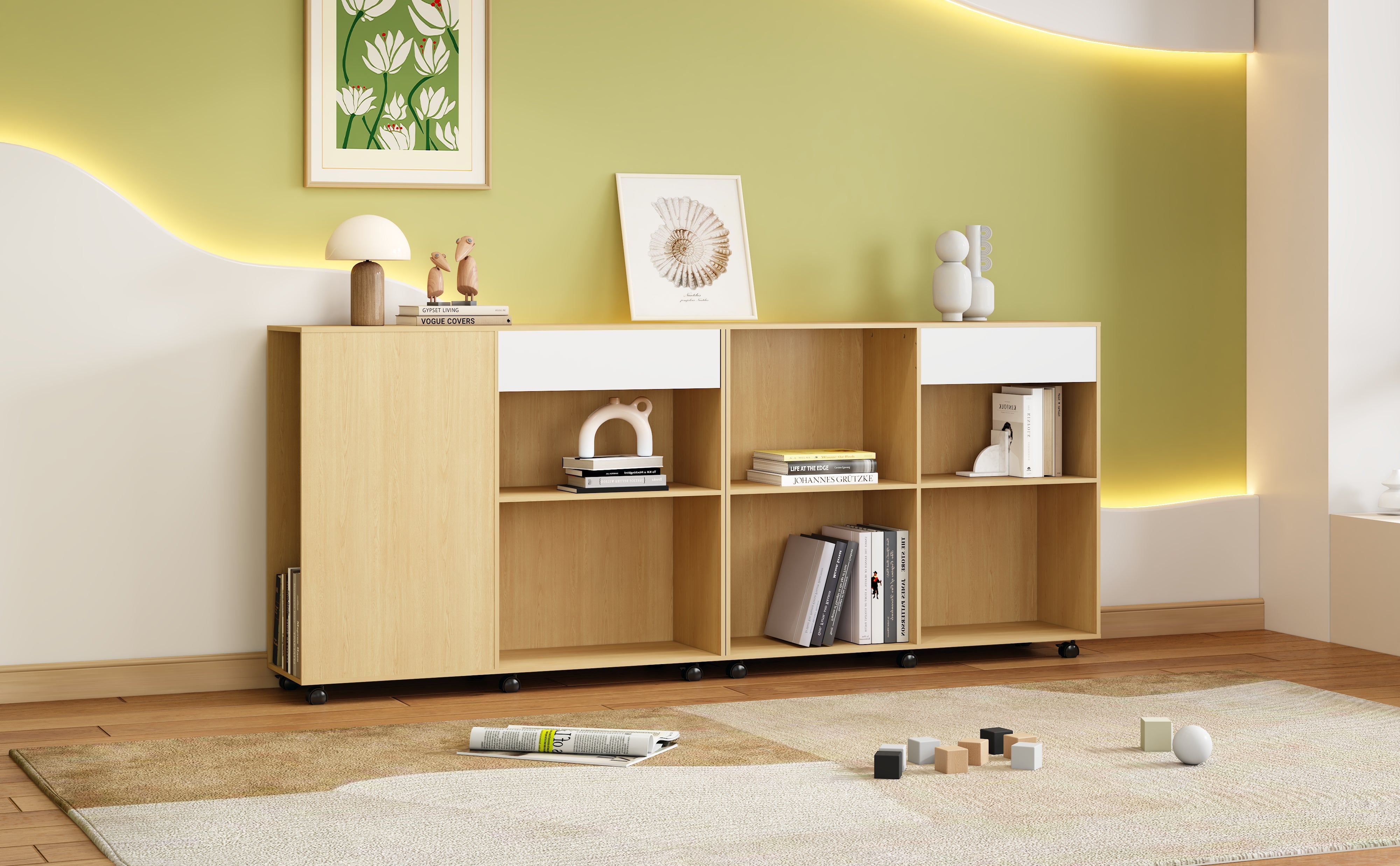 Cabinets, Storage with Shelves & Open Compartments, 2 on Castors, White Light Oak MDF