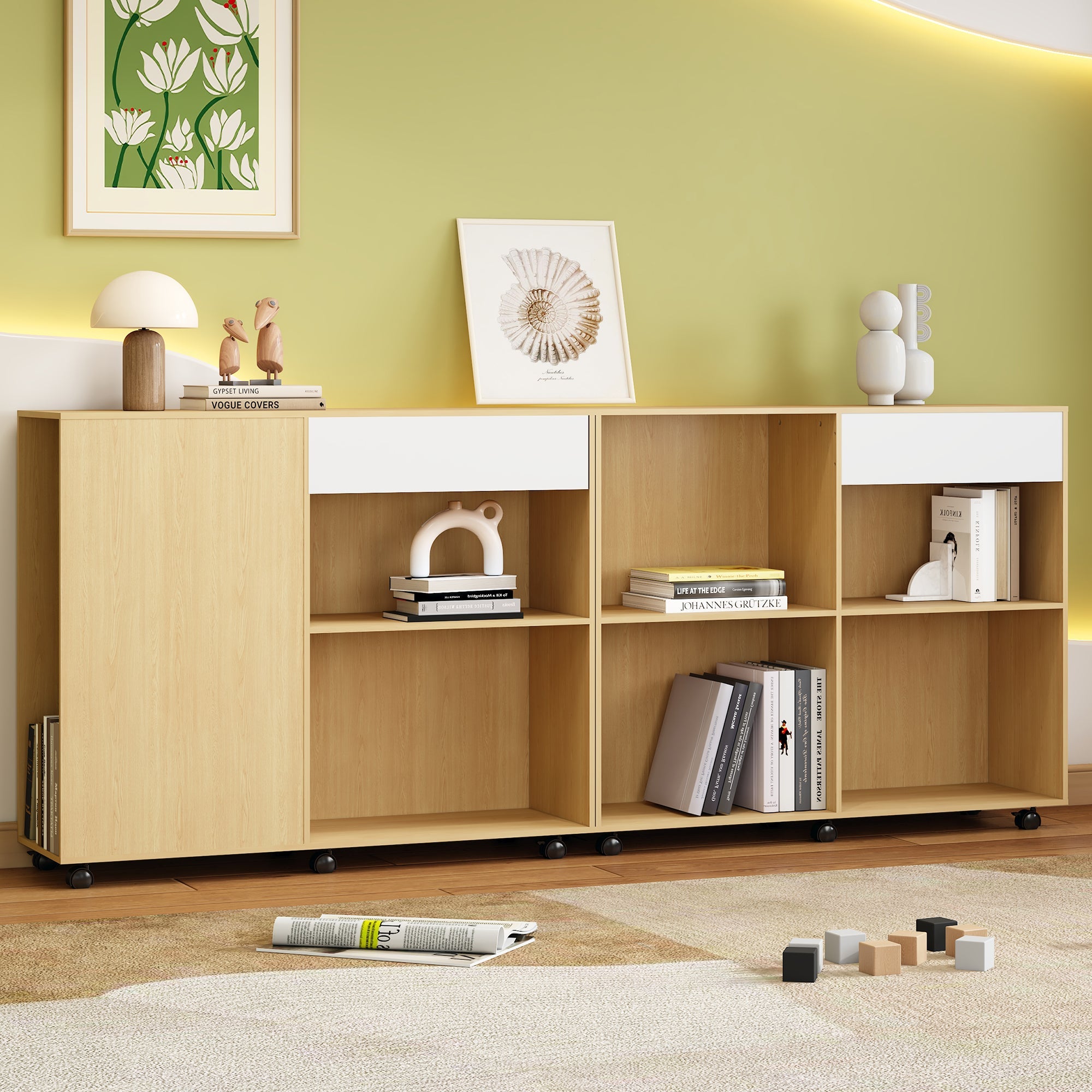Cabinets, Storage with Shelves & Open Compartments, 2 on Castors, White Light Oak MDF