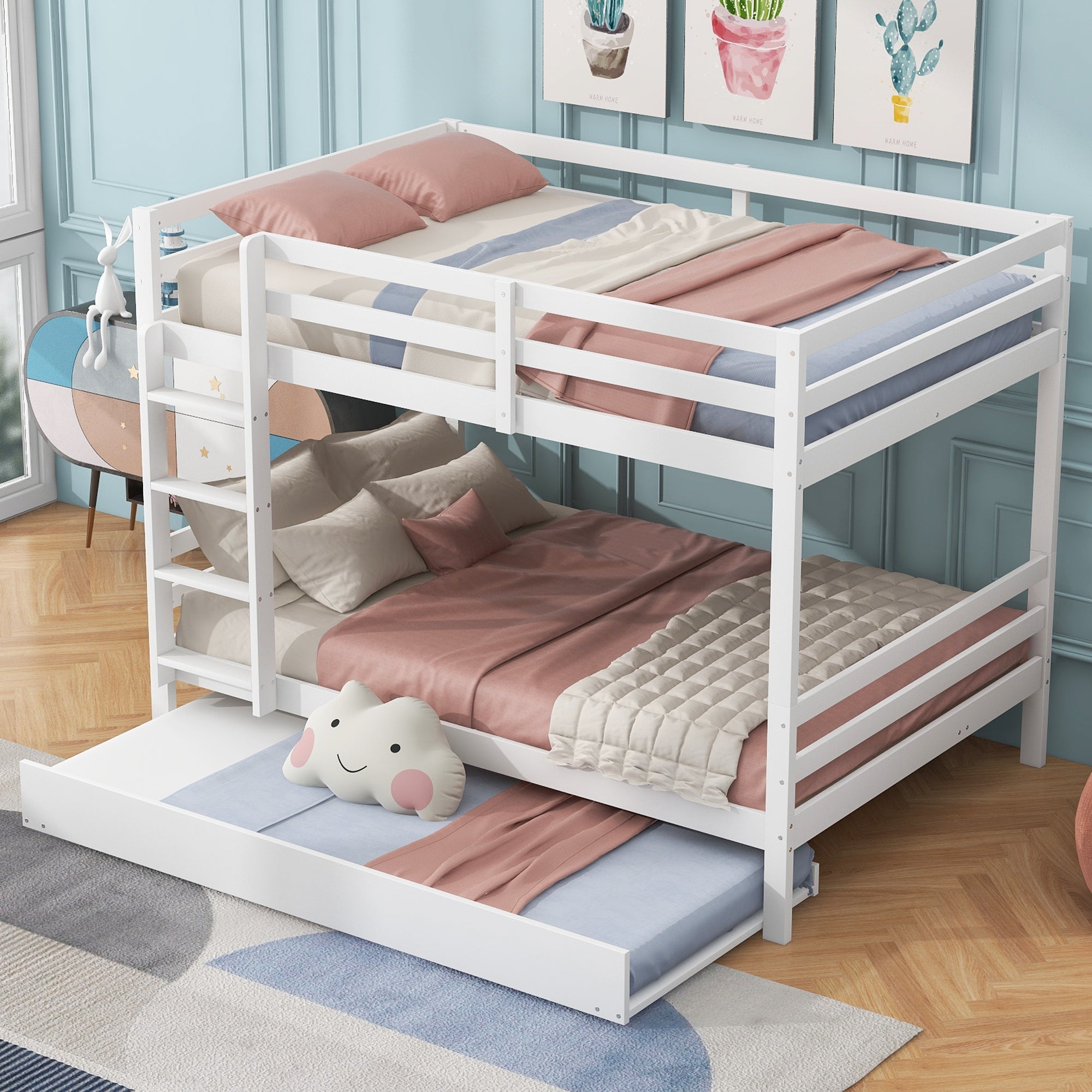 Bunk Bed 140x200cm Pull-Out Bed Sturdy Stairs - White