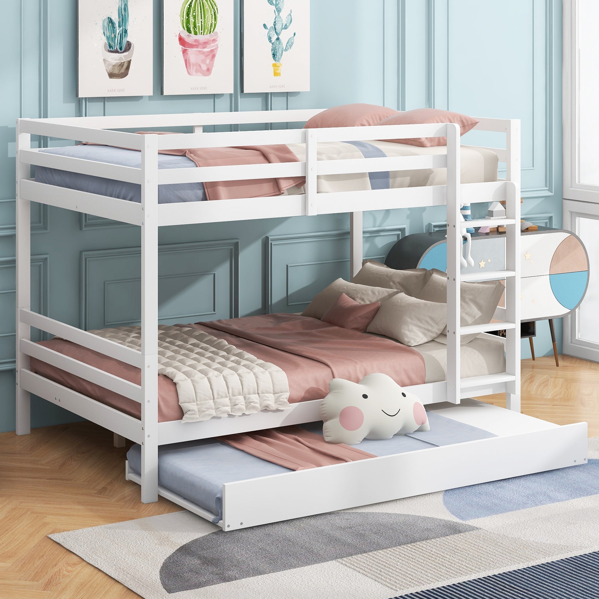 Bunk Bed 140x200cm Pull-Out Bed Sturdy Stairs - White