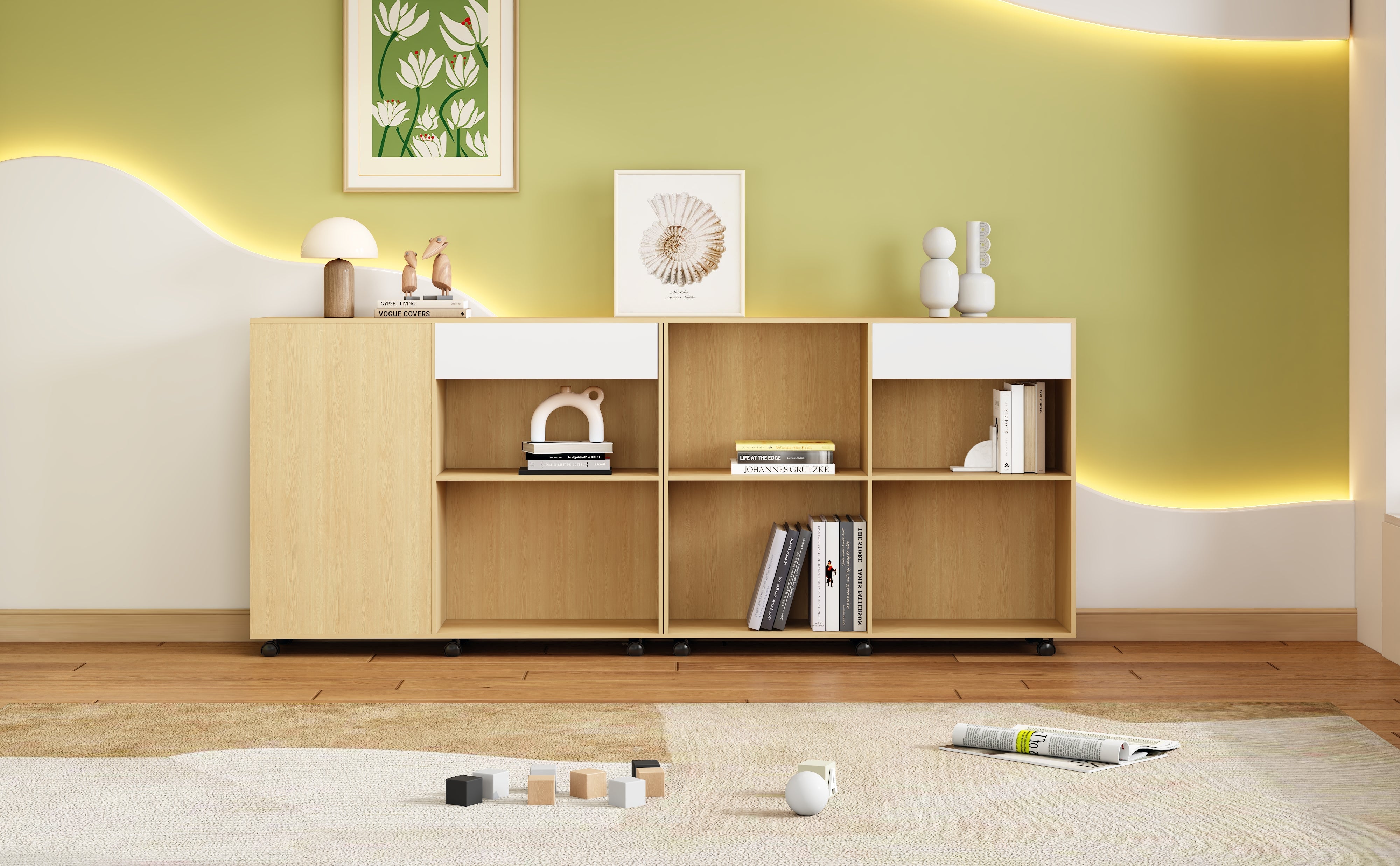 Cabinets, Storage with Shelves & Open Compartments, 2 on Castors, White Light Oak MDF