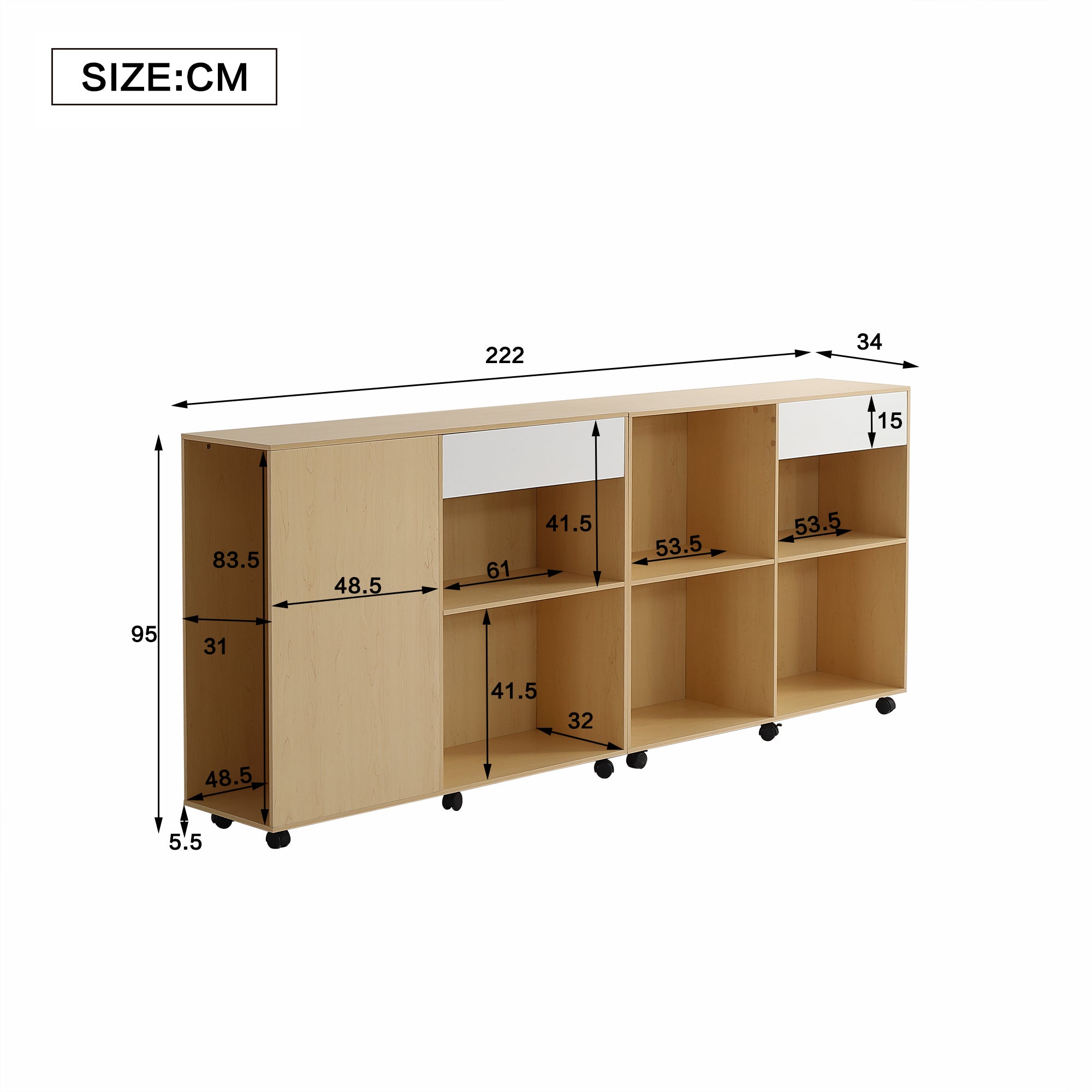 Cabinets, Storage with Shelves & Open Compartments, 2 on Castors, White Light Oak MDF