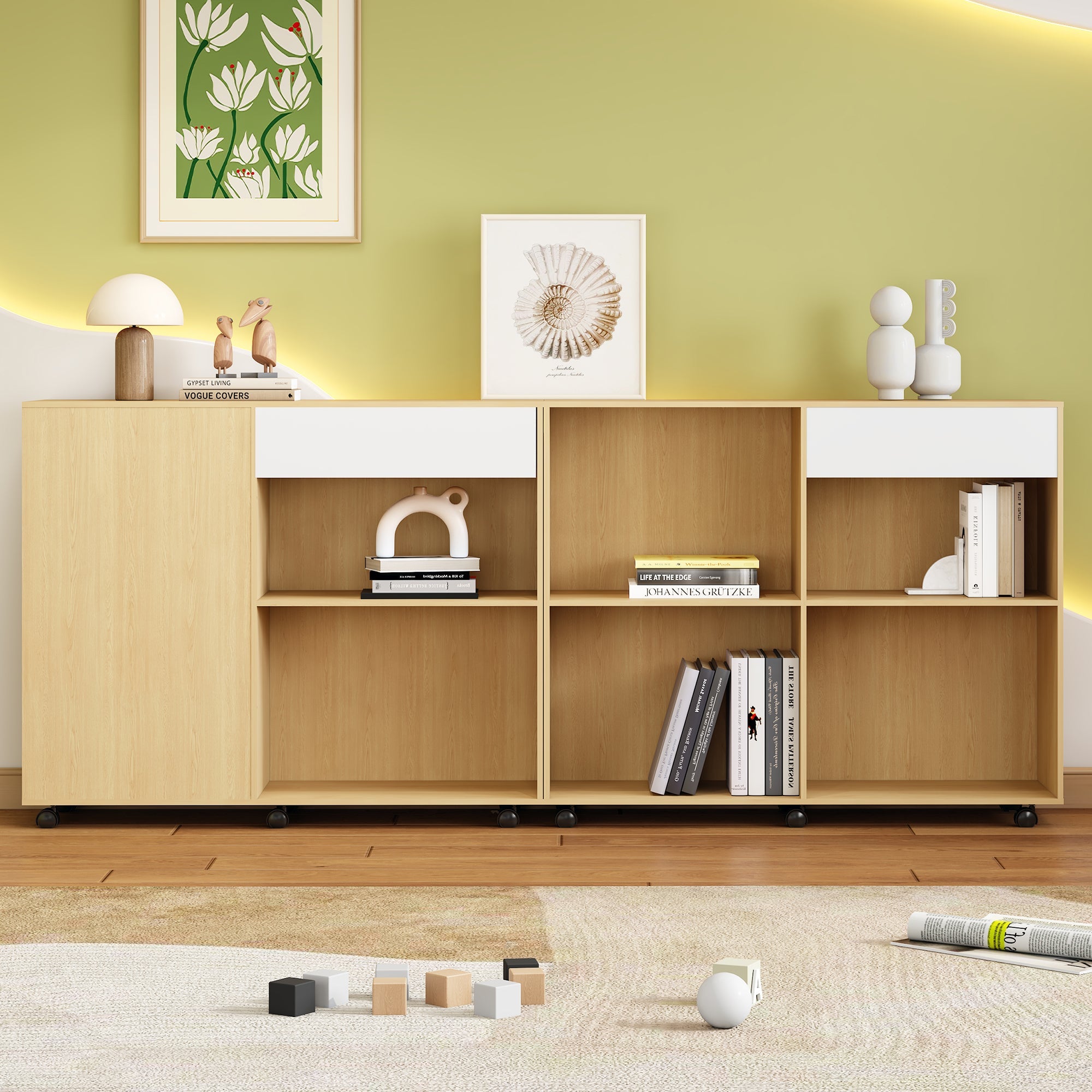 Cabinets, Storage with Shelves & Open Compartments, 2 on Castors, White Light Oak MDF