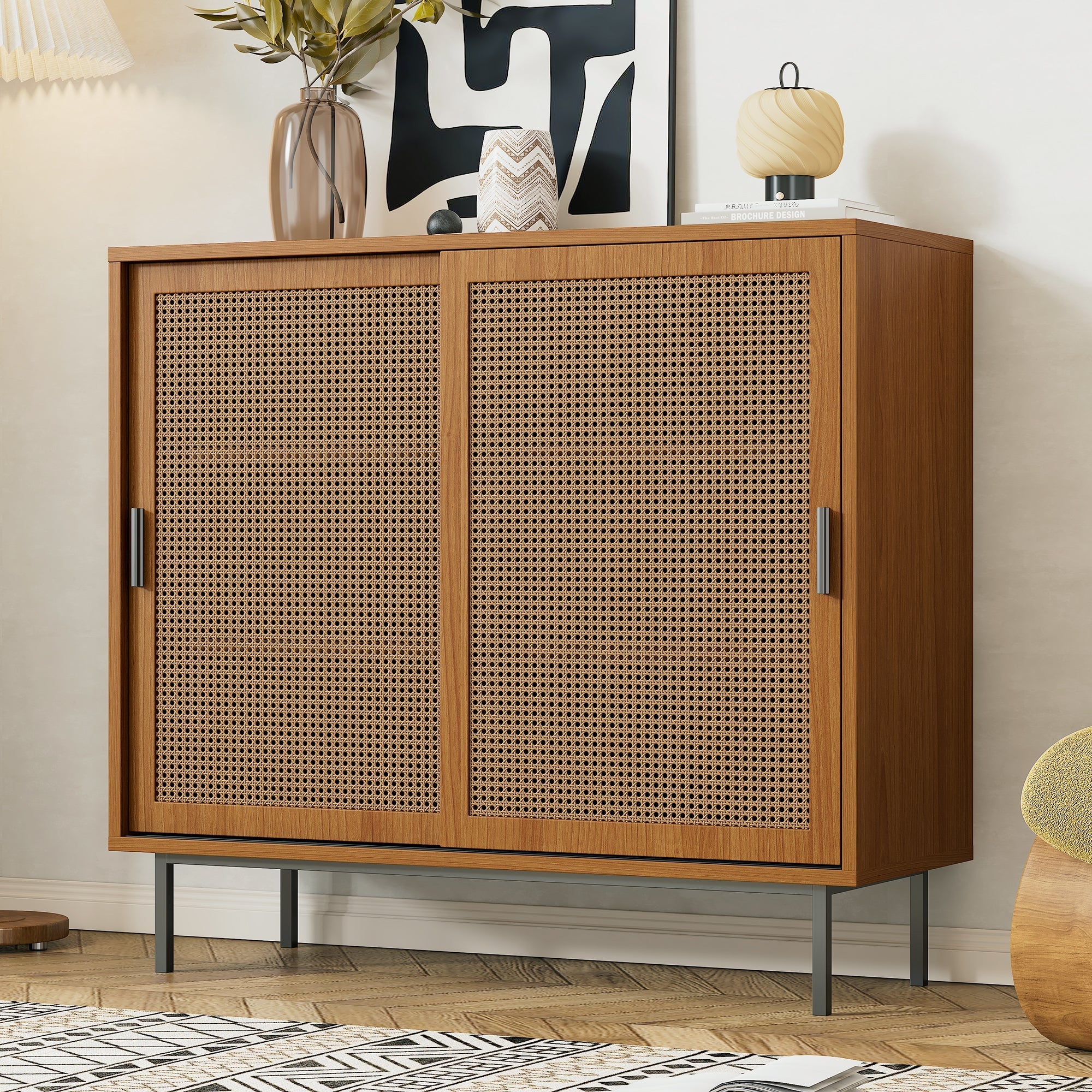 Sideboard kitchen cabinet, chest of drawers with 2 sliding doors and adjustable shelf