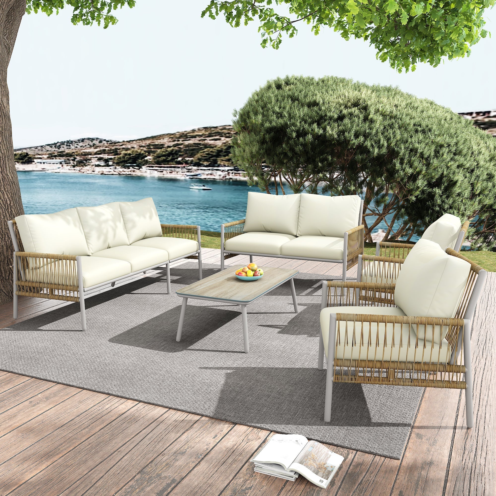 Garden Furniture Set 7-Seater Rattan Coffee Table Washable Cushions - Beige