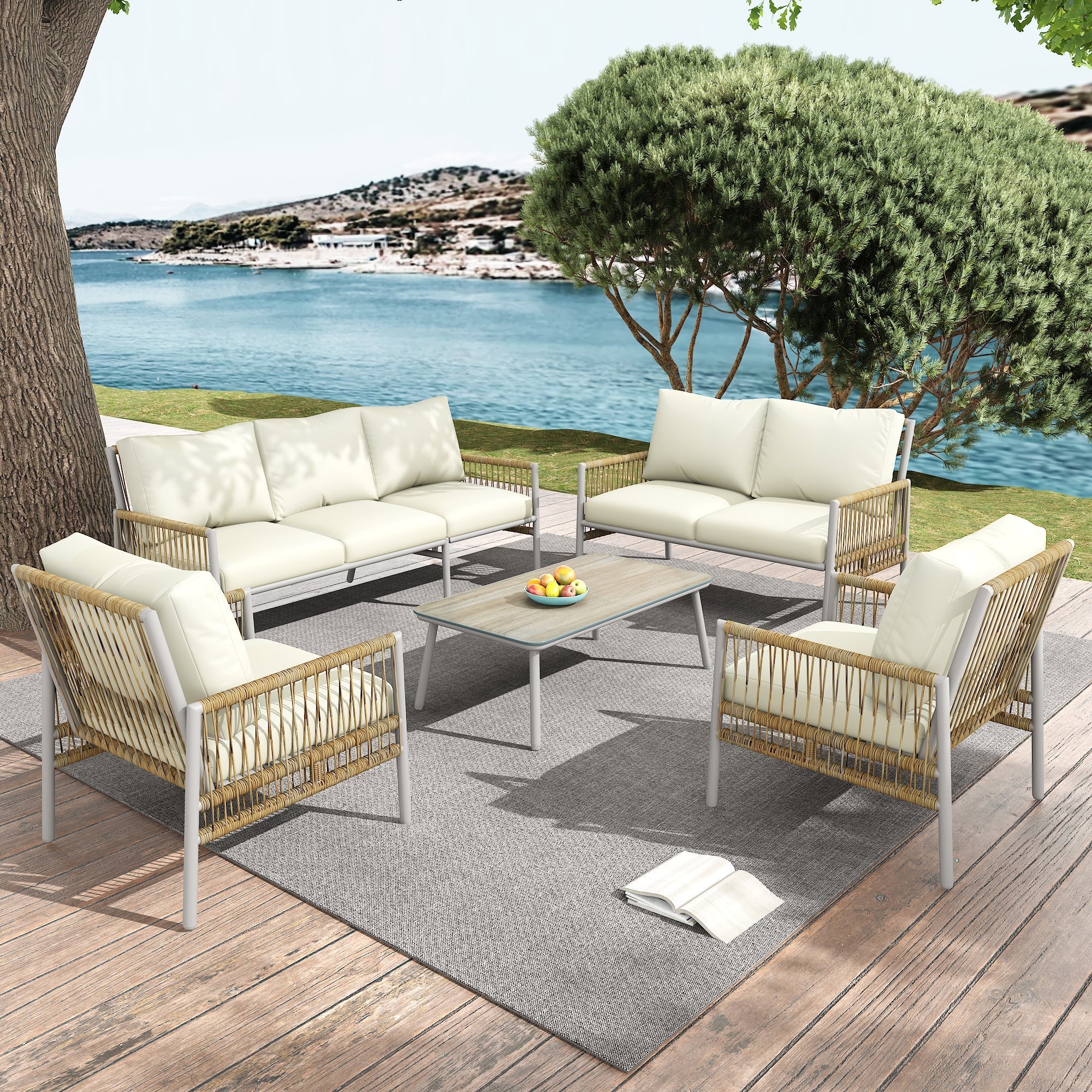 Garden Furniture Set 7-Seater Rattan Coffee Table Washable Cushions - Beige