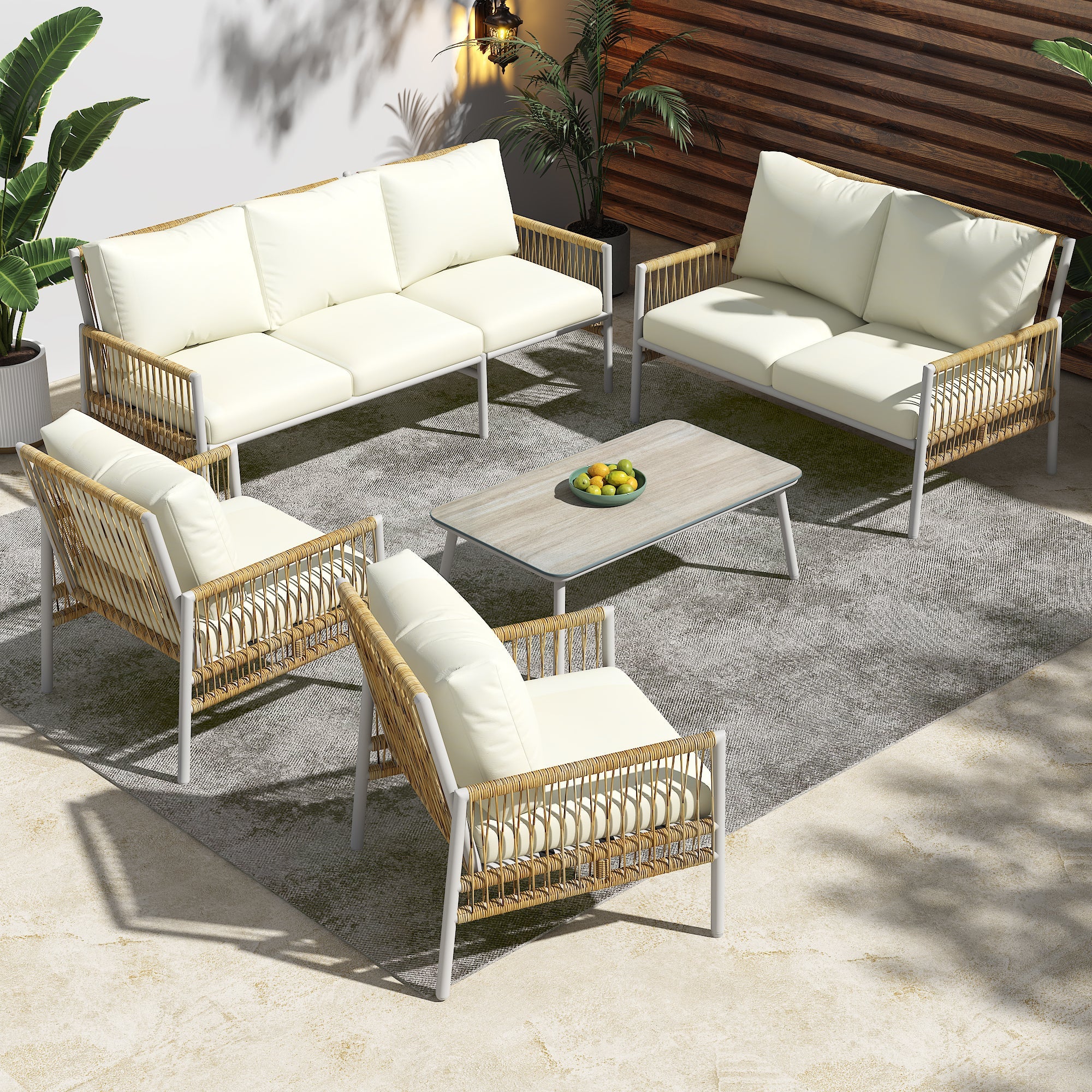 Garden Furniture Set 7-Seater Rattan Coffee Table Washable Cushions - Beige