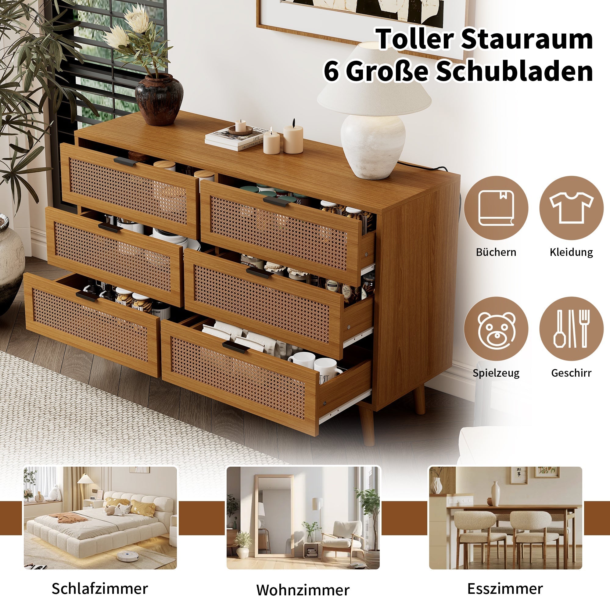 Chest of drawers 6 drawers with metal handles made of wood