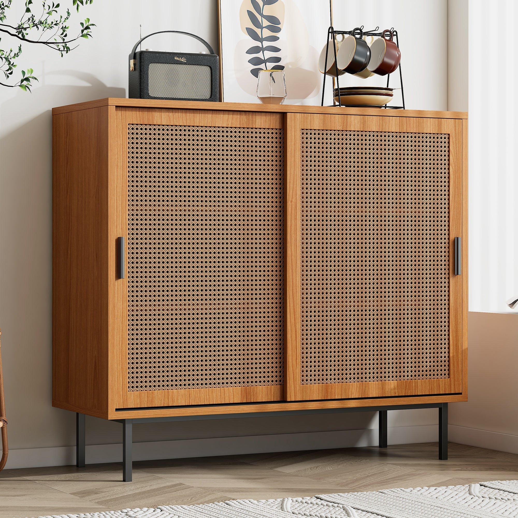 Sideboard kitchen cabinet, chest of drawers with 2 sliding doors and adjustable shelf