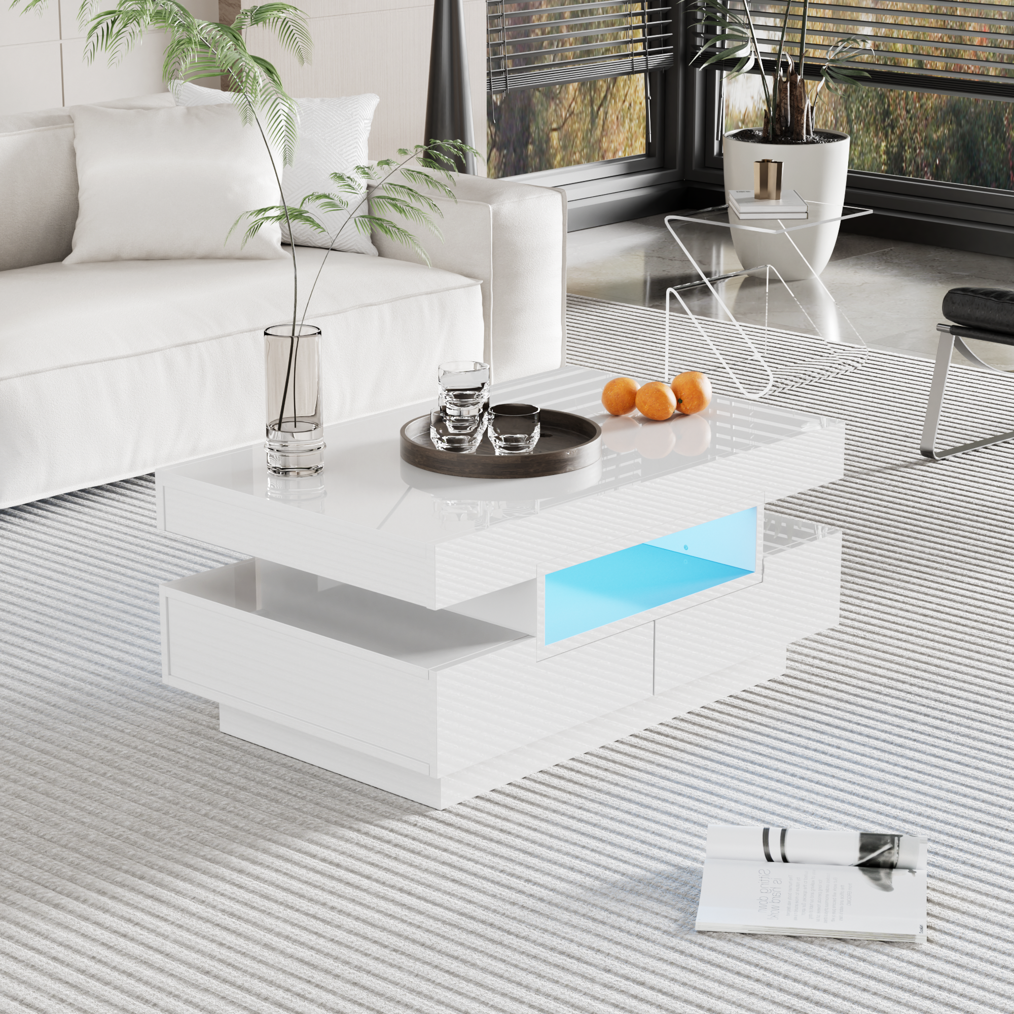 Coffee table high-gloss surface, LED light, four drawers, large storage space