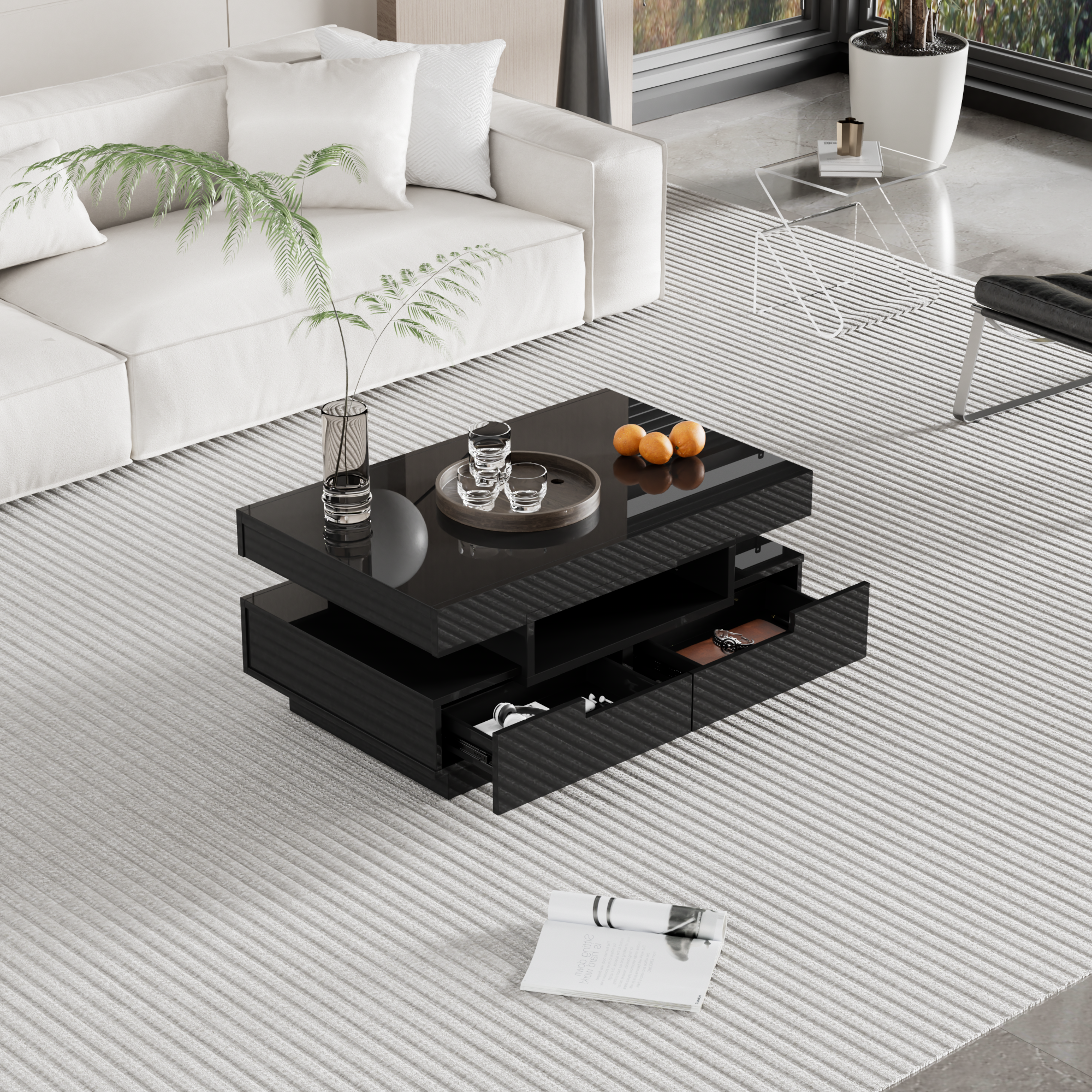 Coffee table, high-gloss with LED light, four drawers, large storage space
