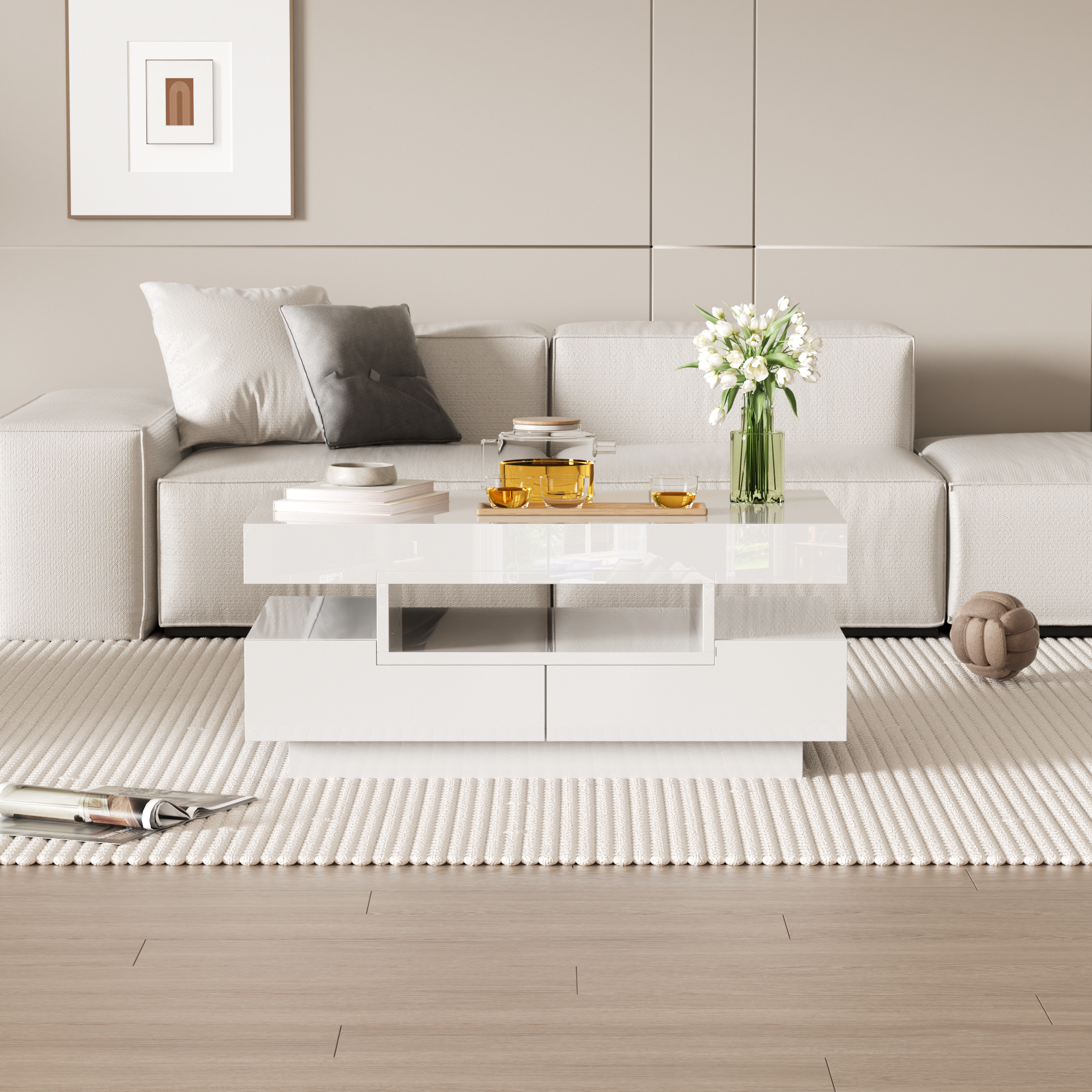Coffee table high-gloss surface, LED light, four drawers, large storage space