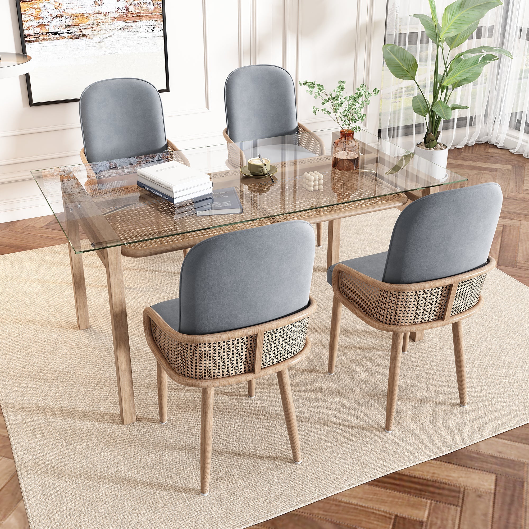 Velvet Dining Chair Set of 6 with Rattan Design and Metal Legs, Grey