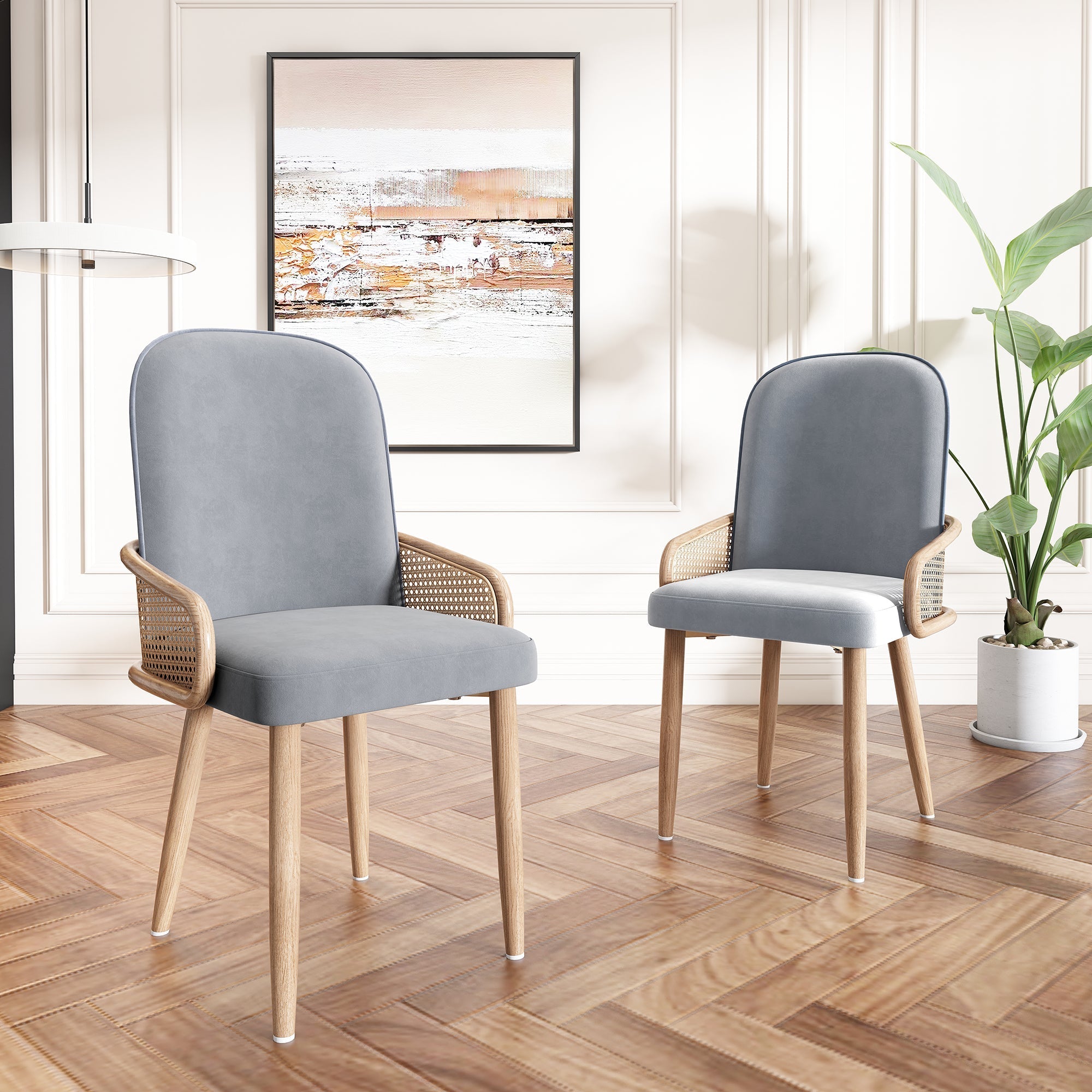 Velvet Dining Chair Set of 6 with Rattan Design and Metal Legs, Grey