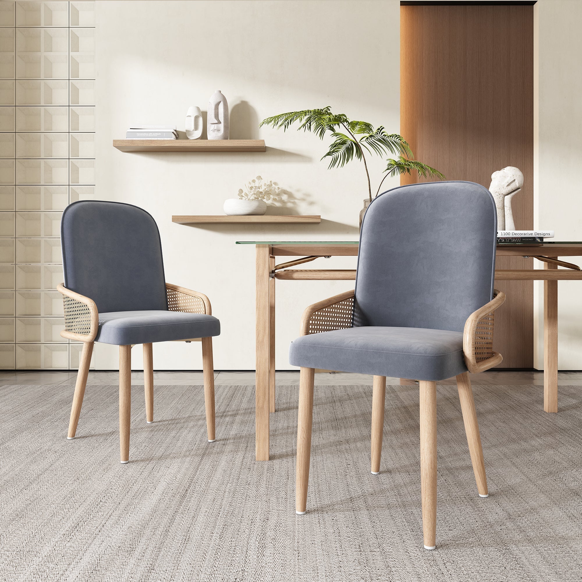 Velvet Dining Chair Set of 4, Rattan Design Metal Legs Wood Grain Effect, Grey
