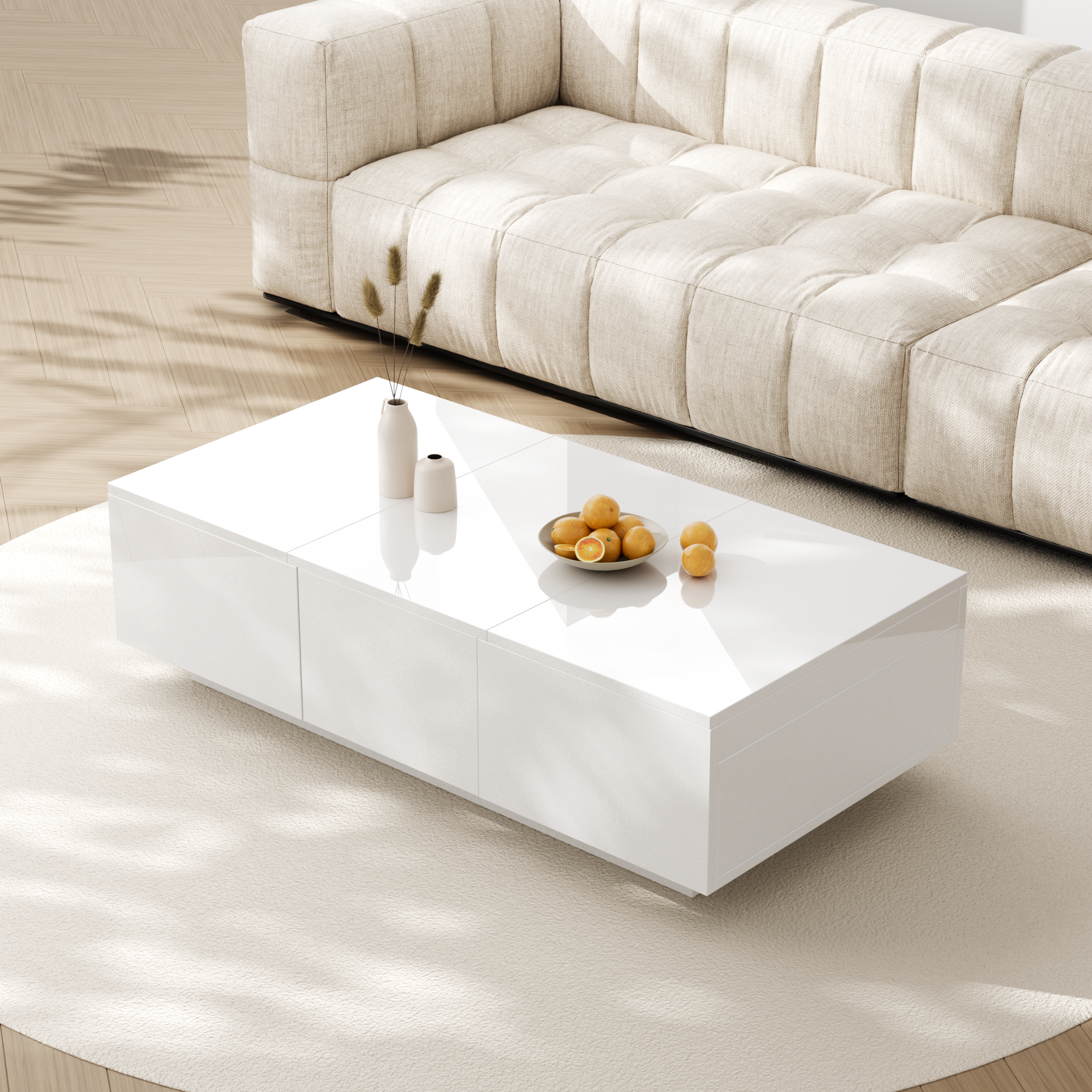 Coffee Table, High Gloss Living Room Table with Push-Pull Storage, Double-Sided Drawers