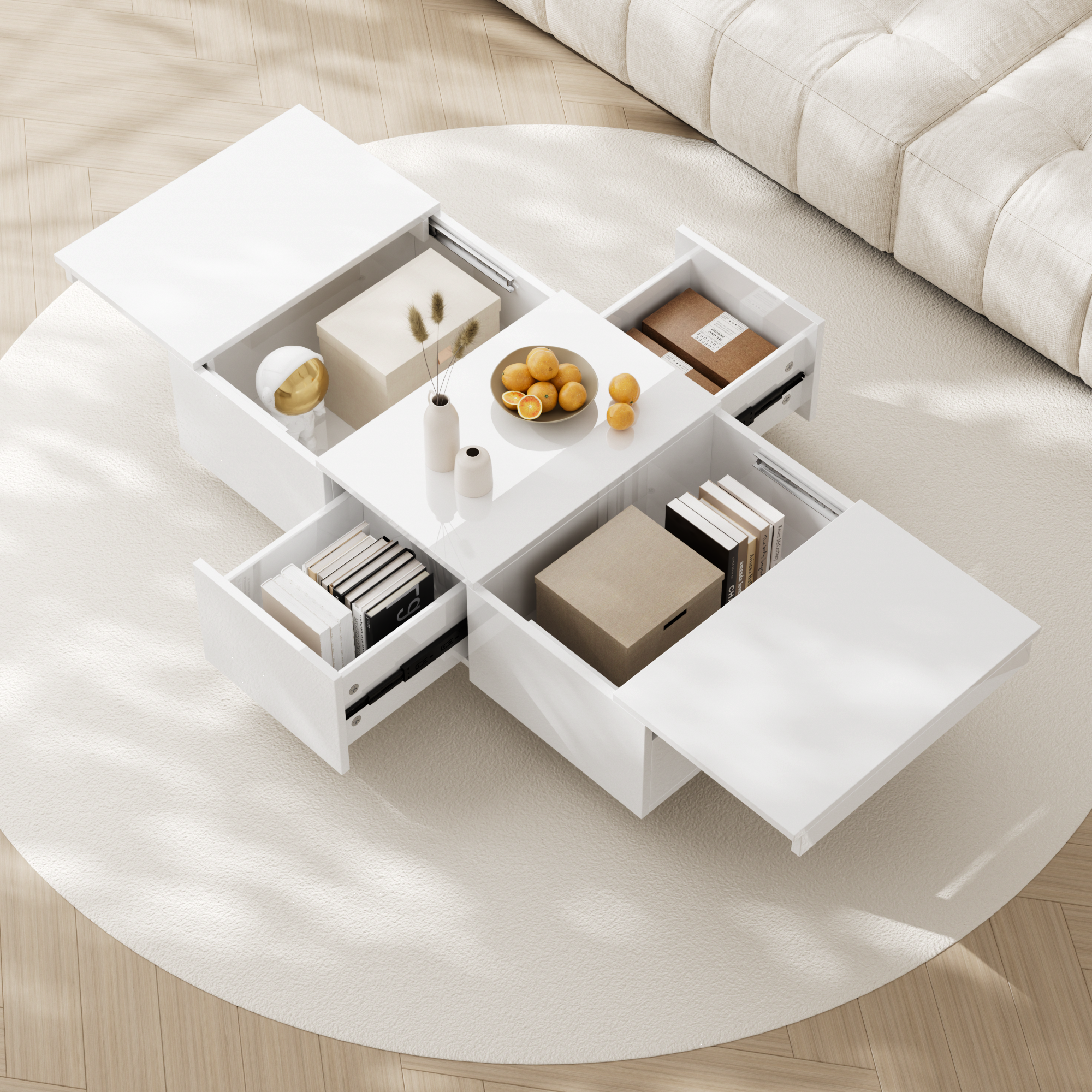 Coffee Table, High Gloss Living Room Table with Push-Pull Storage, Double-Sided Drawers