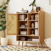 Natural rattan shoe cabinet, 2 doors and 5 shelves, with wooden handles and solid wood legs, 80x105x35 cm
