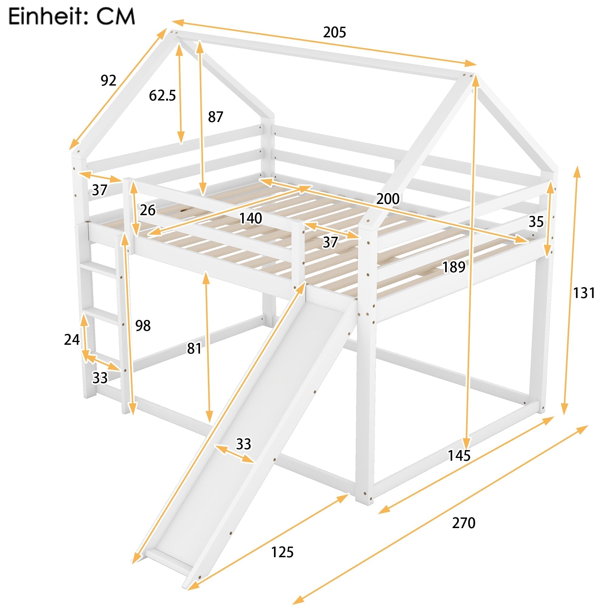 House Bunk Bed 140x200cm Double with Slide & Ladder - White