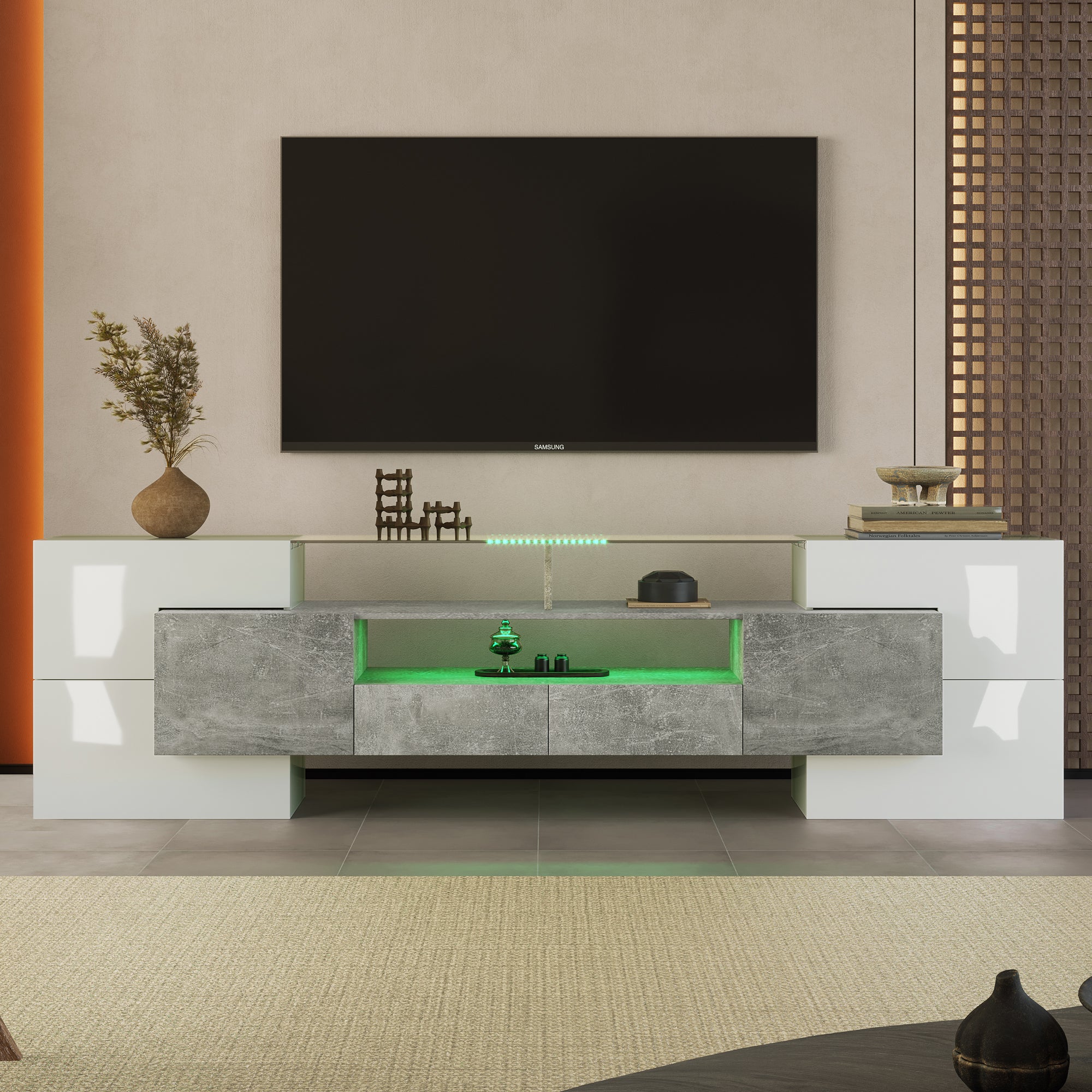 TV Cabinet, 200cm LED Lighting, High-Gloss White
