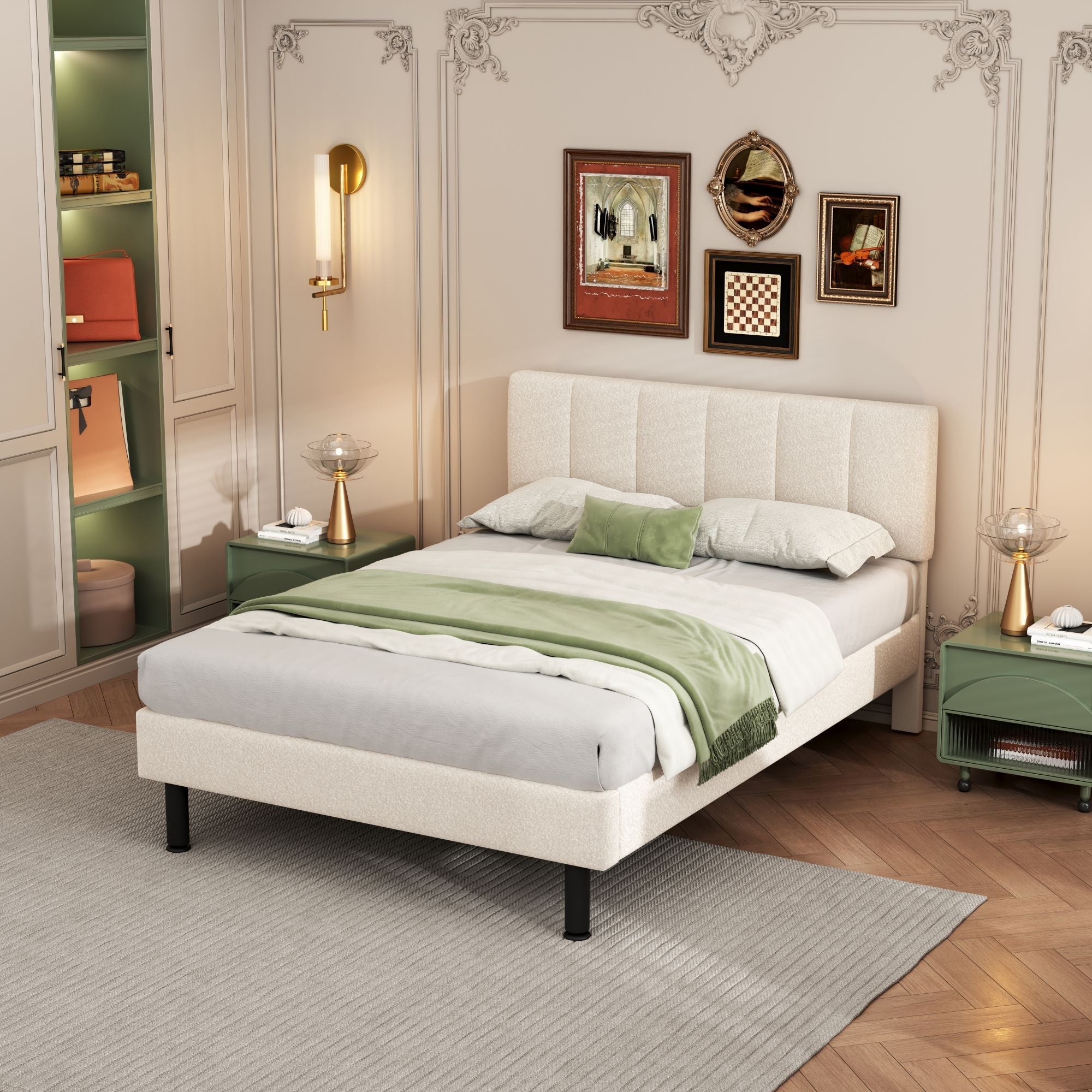 Upholstered Bed 140x190 Slatted Base Iron Legs Sherpa Fabric Beige