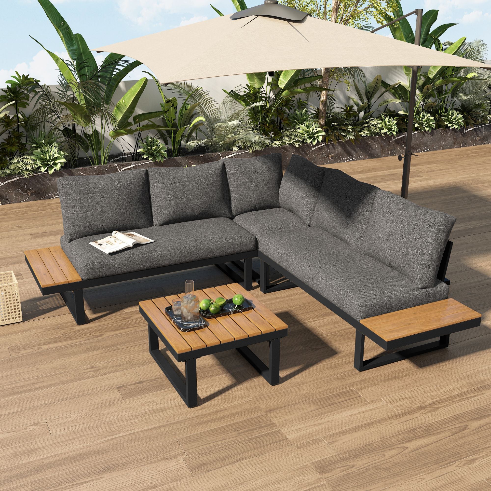 Garden Leisure Set Corner Adjustable Recliner Coffee Table - Grey/Black